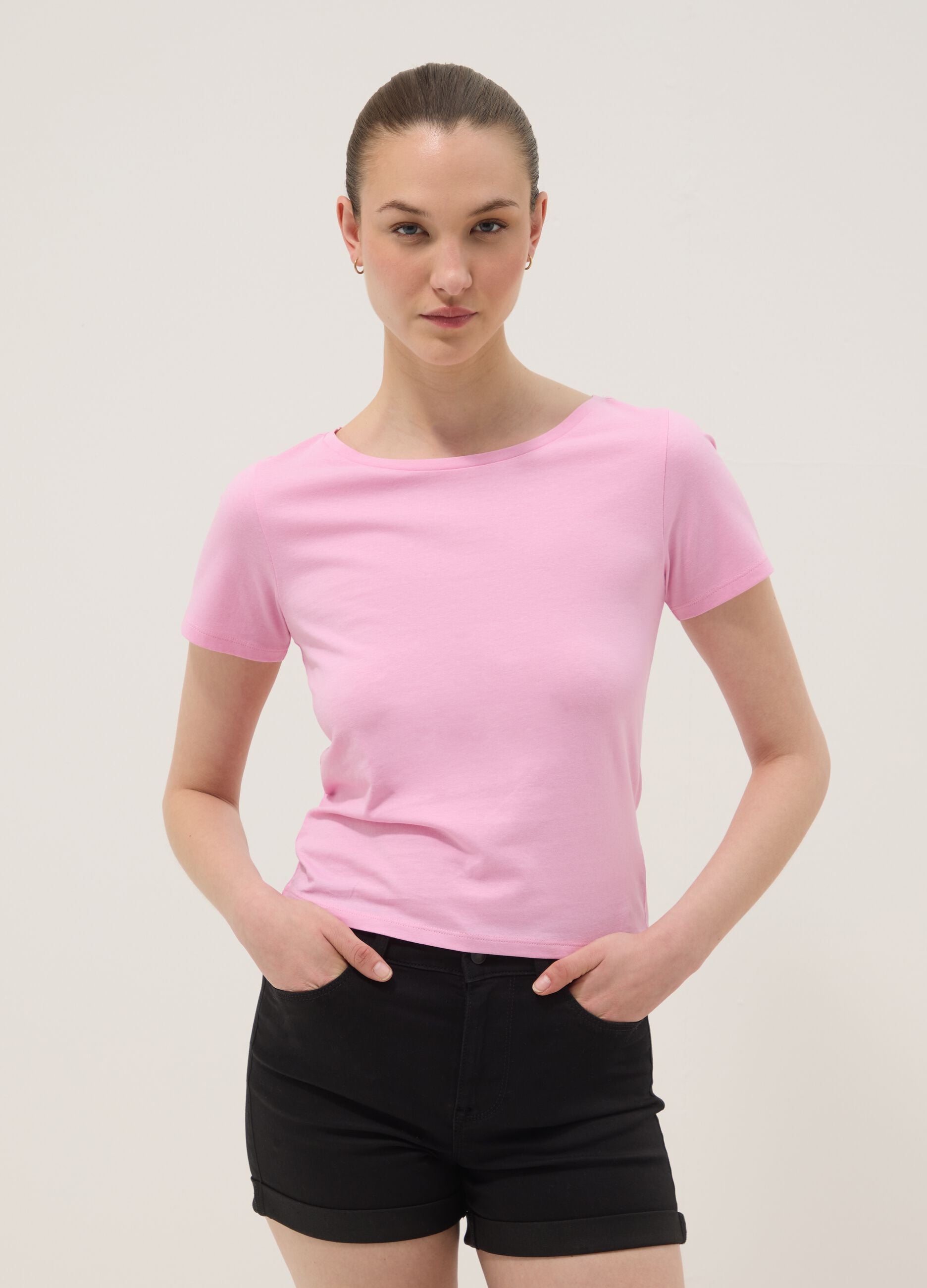 Camiseta rosa de algod&oacute;n puro con cuello redondo