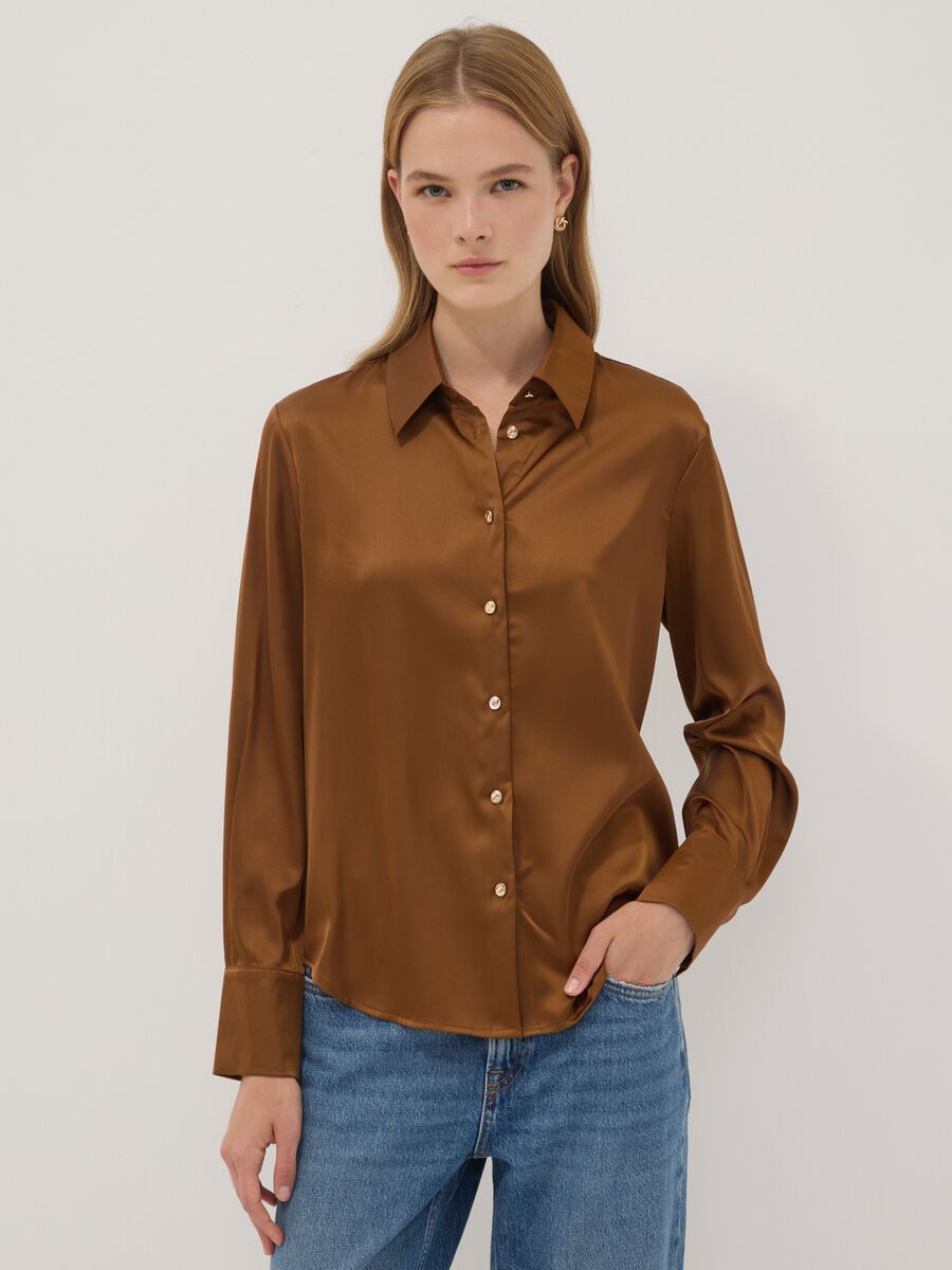 Brown stretch-fabric shirt with classic collar_0