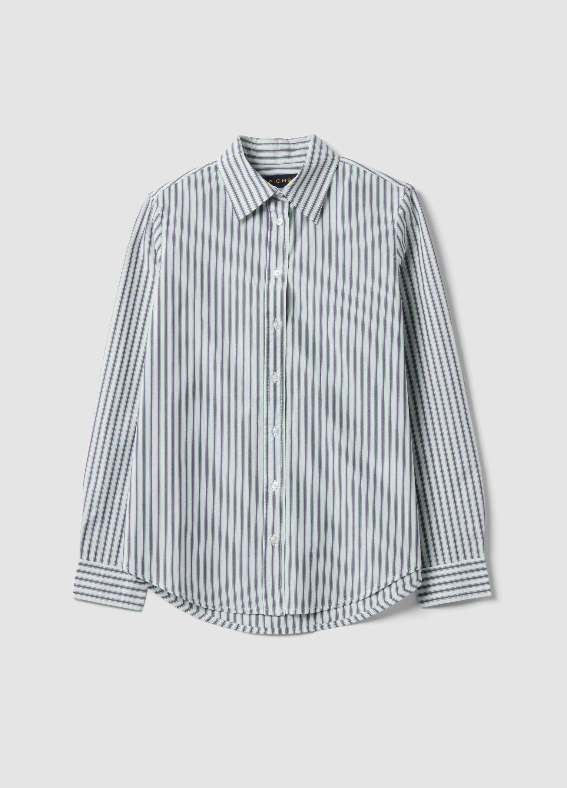 Camisa branca em popelina de algod&atilde;o com riscas roxas, corte regular