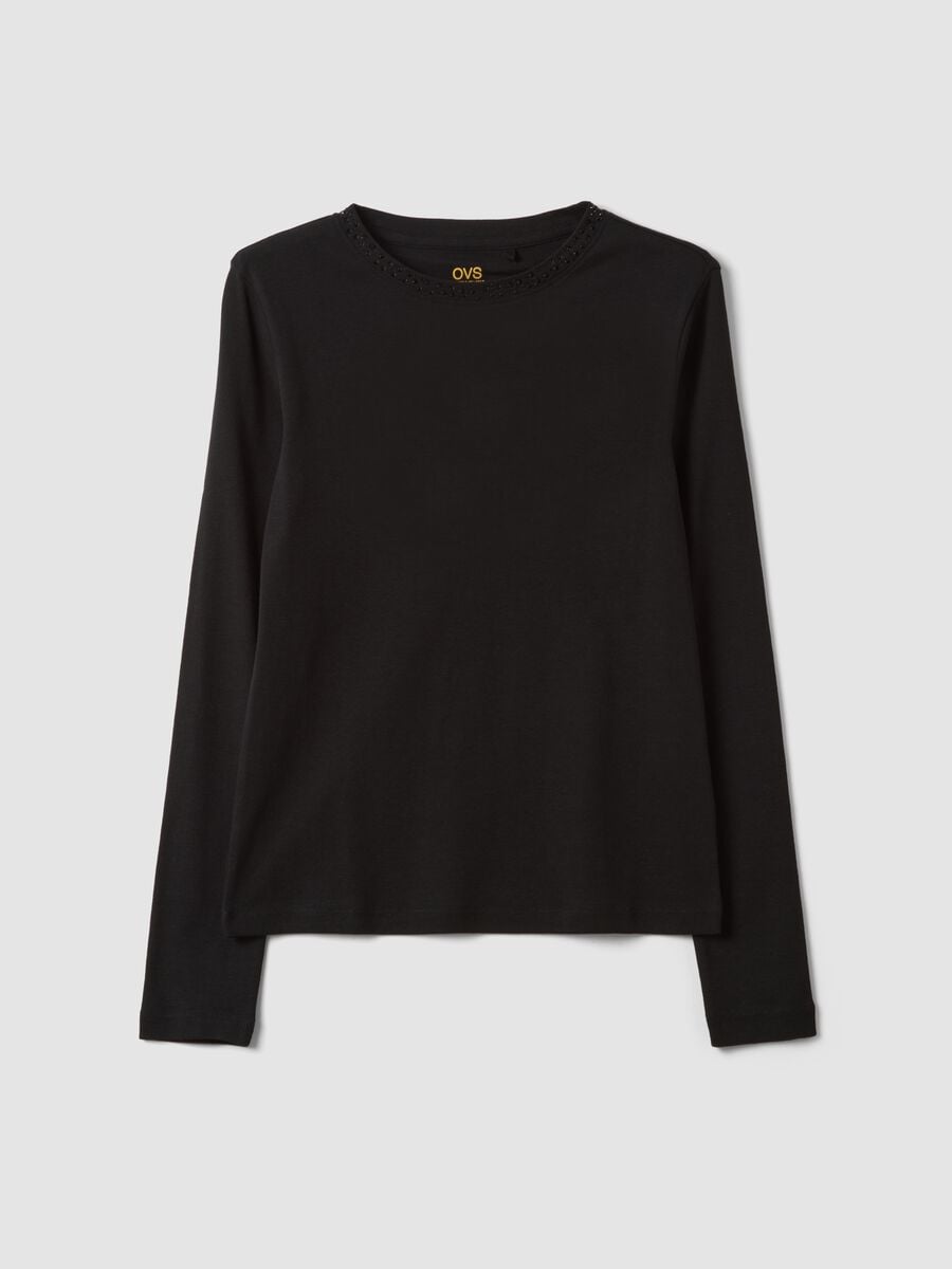 Schwarzes T-Shirt aus reiner Baumwolle mit Strassdetail_0