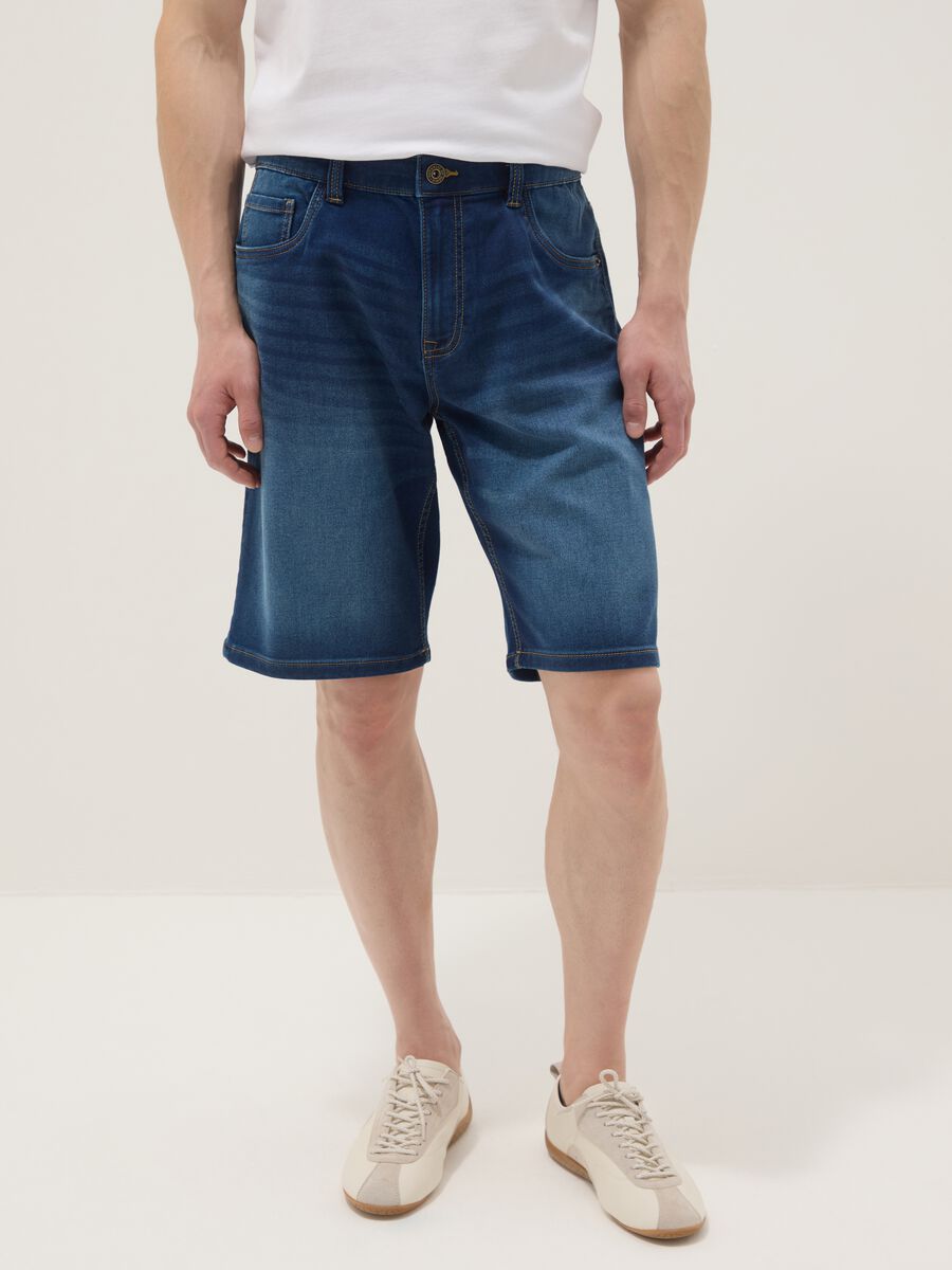 Blue denim shorts in stretch cotton blend, regular fit_1