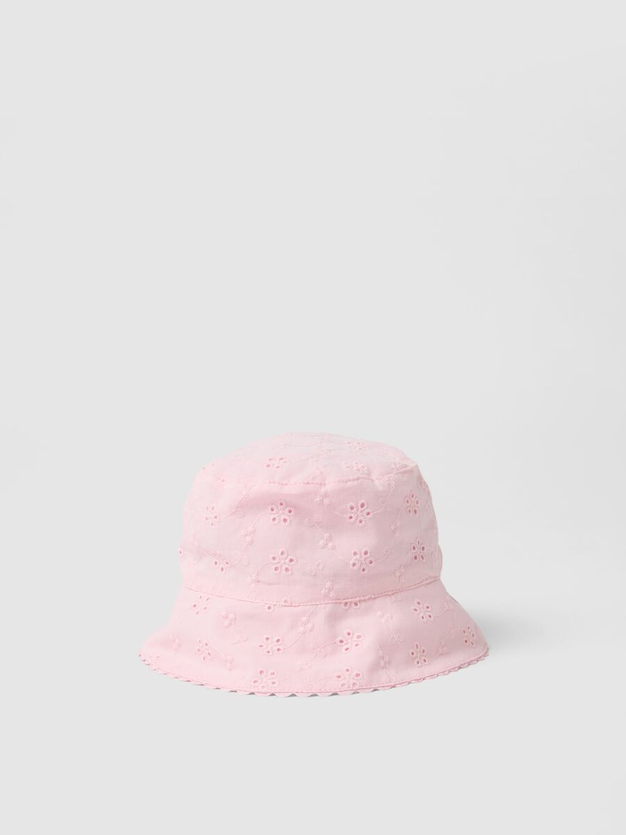 Girls' pink pure cotton bucket hat with floral embroidery_0