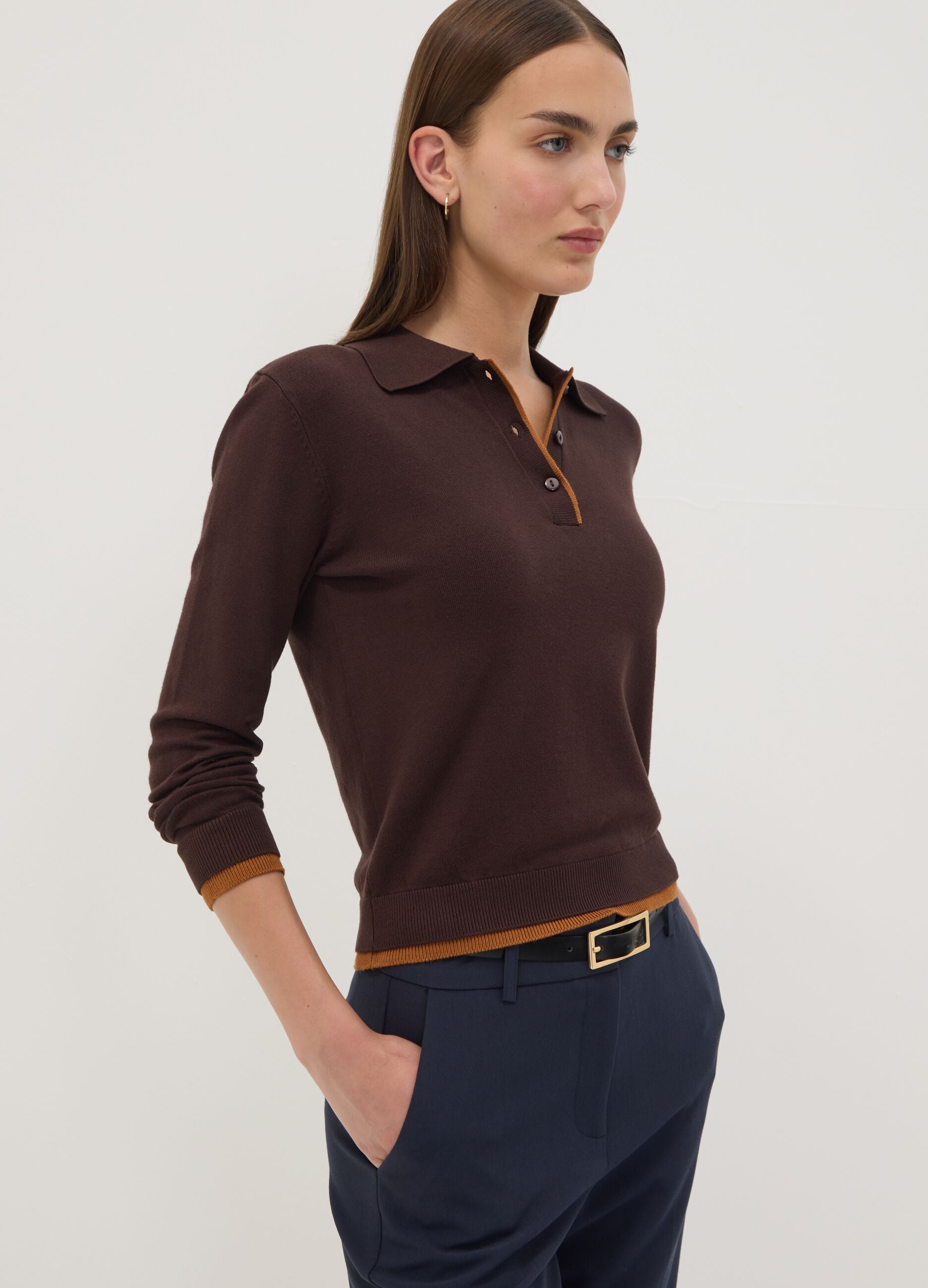 Brown viscose-blend polo-collar jumper, regular fit
