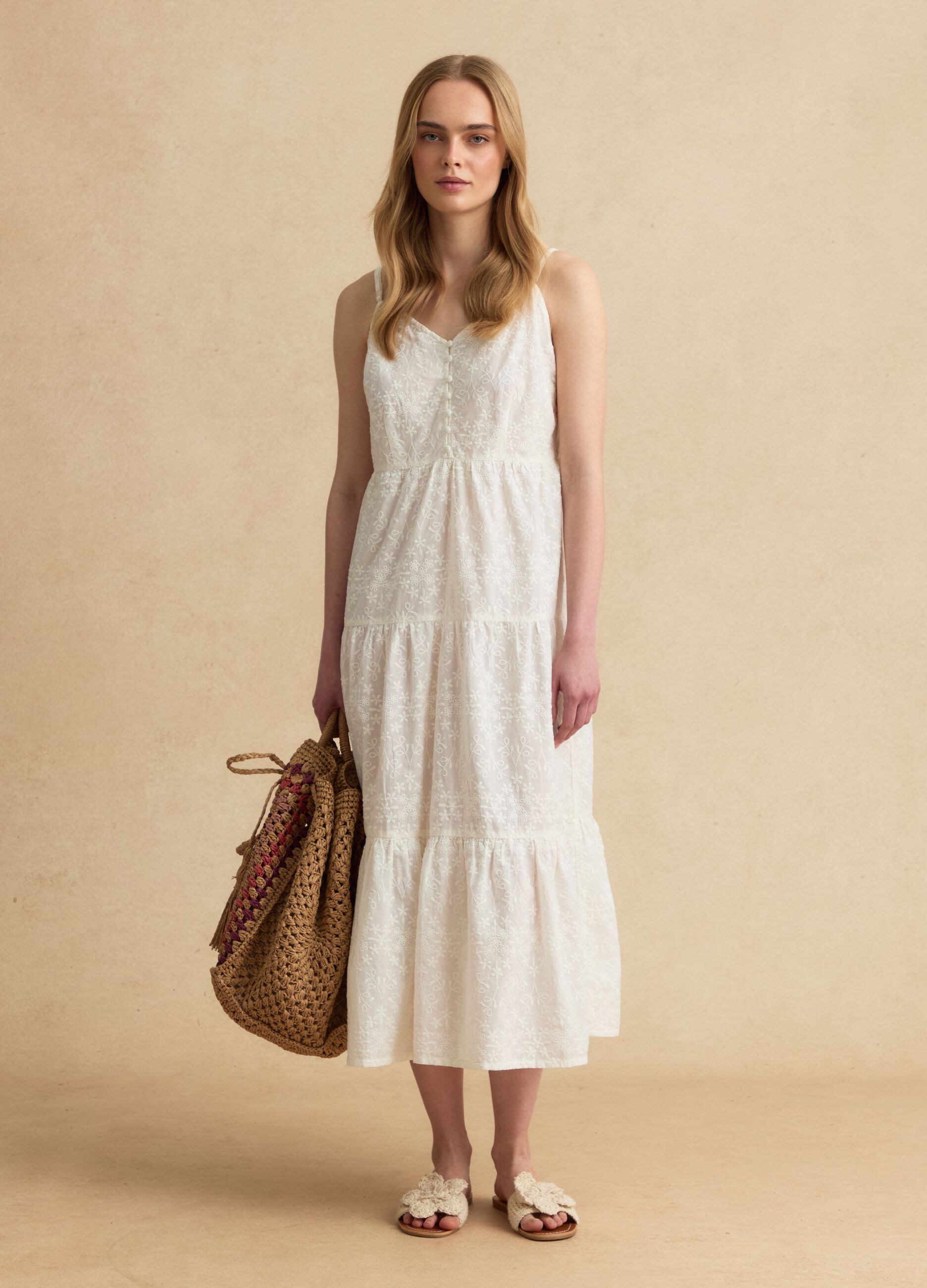 White pure cotton midi dress with embroidery