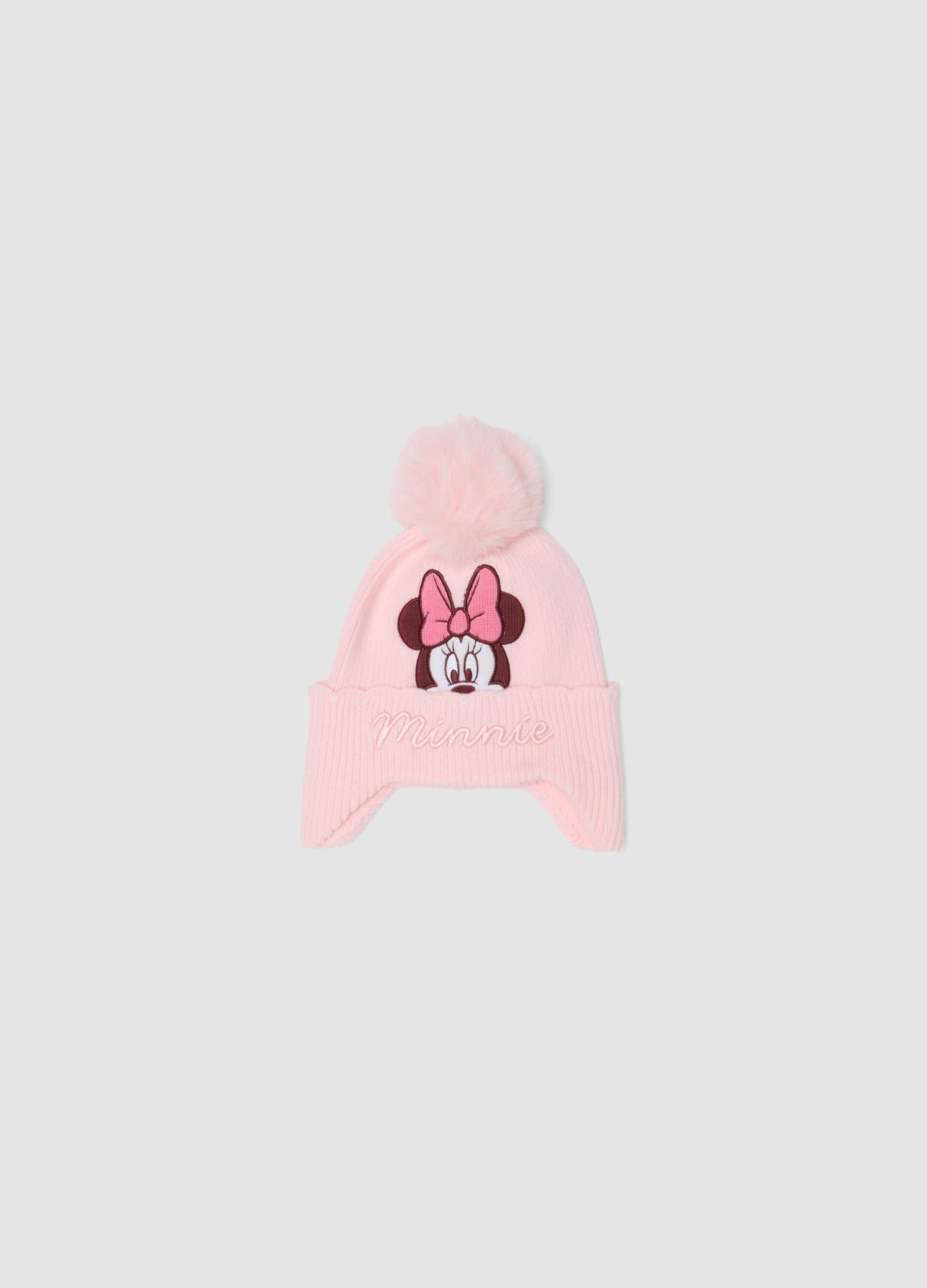 Gorro rosa em mistura de viscose com pompom e bordado Minnie