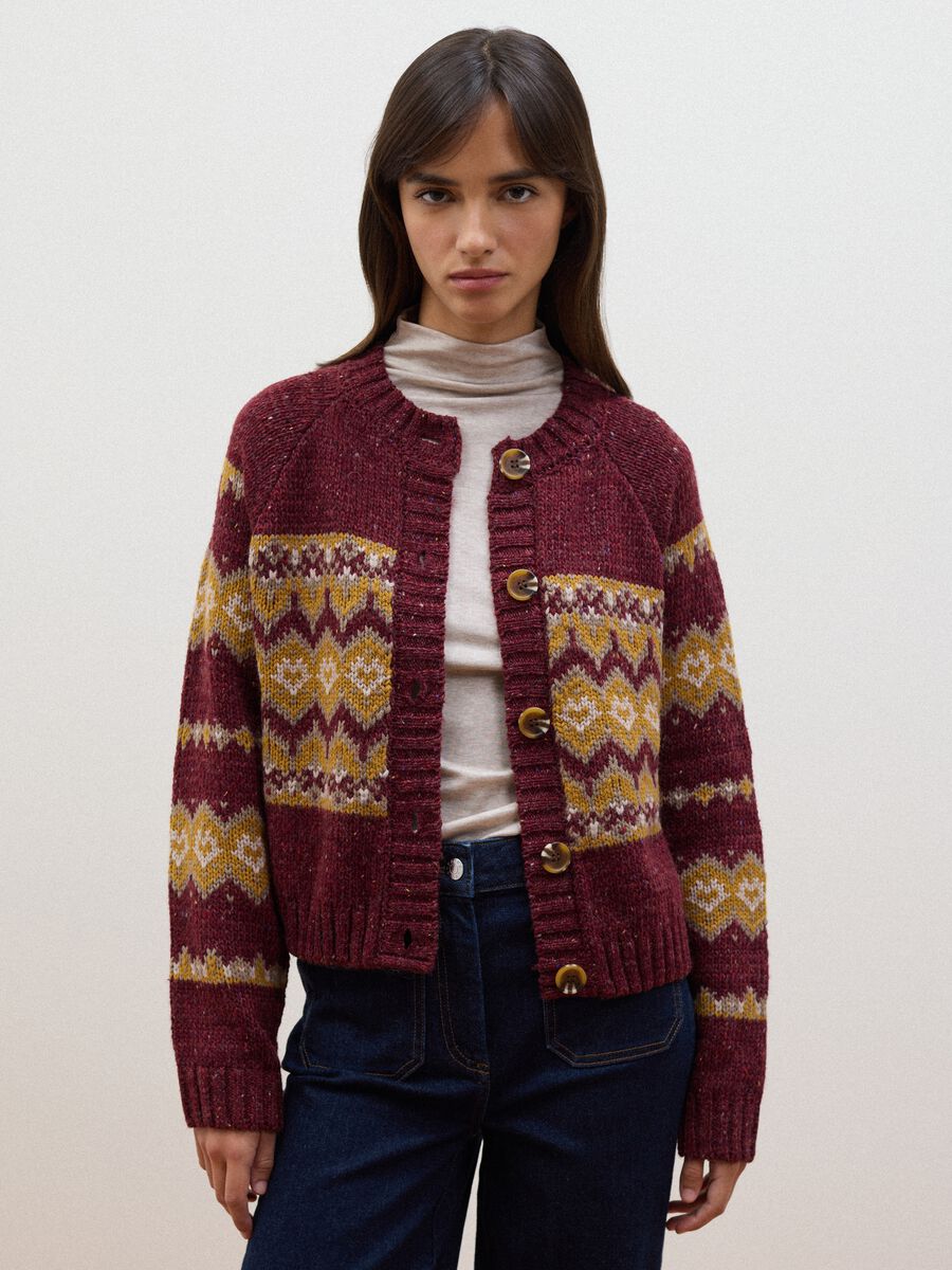 Red crew-neck jacquard wool-blend cardigan, regular fit_0