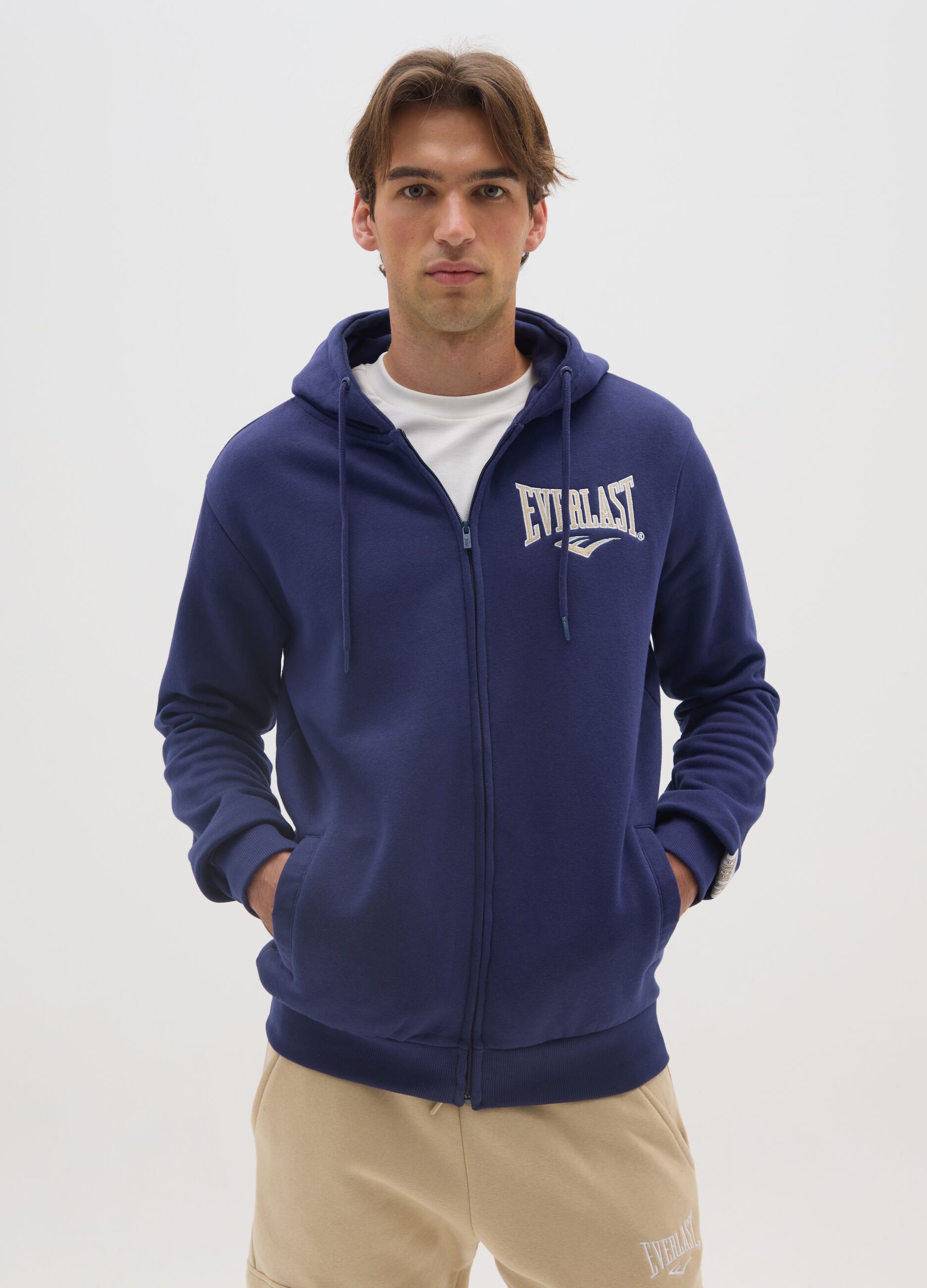 Blue Cotton Blend Hoodie with Zip