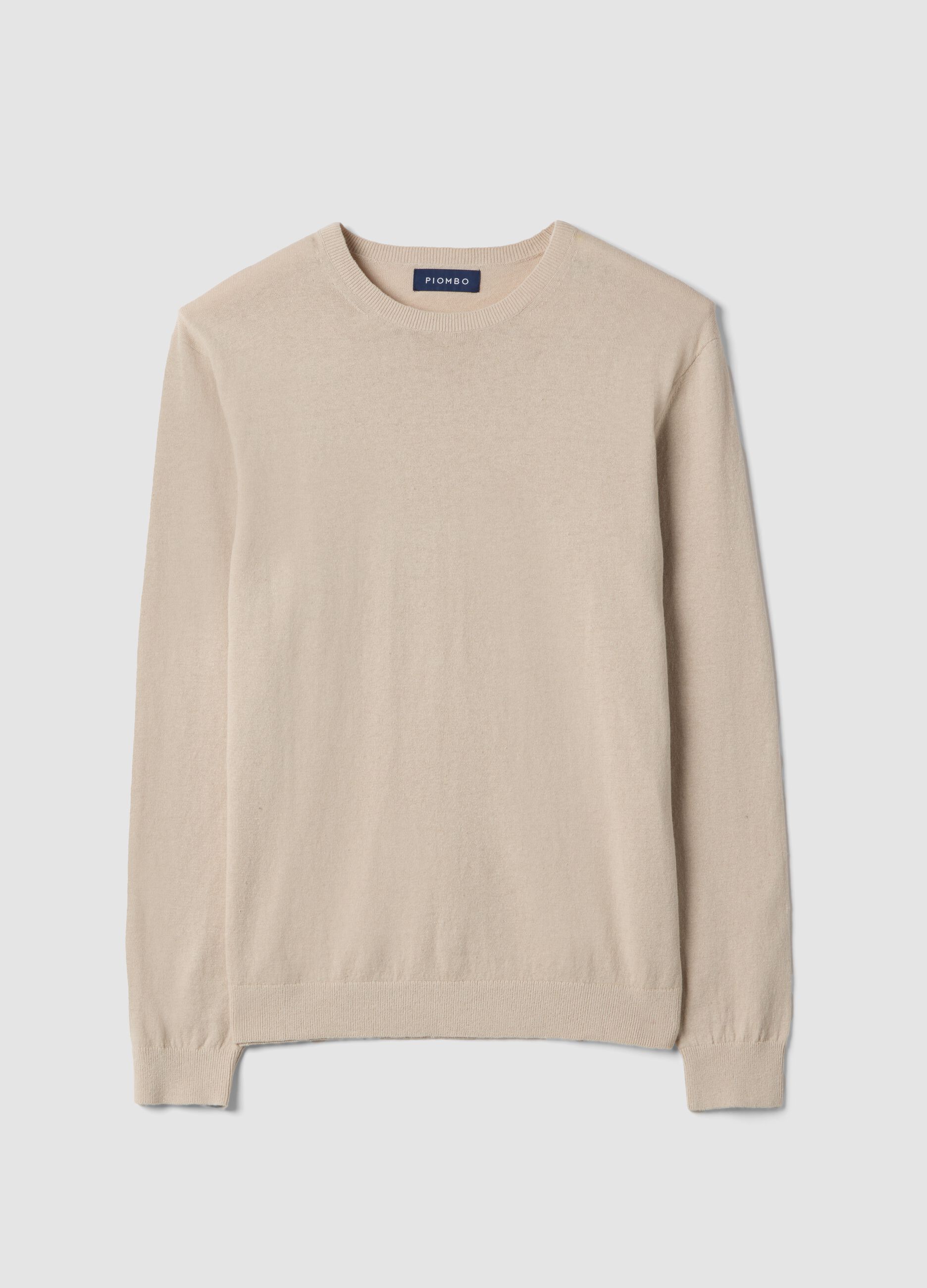 Beige regular fit cotton and linen crew neck pullover