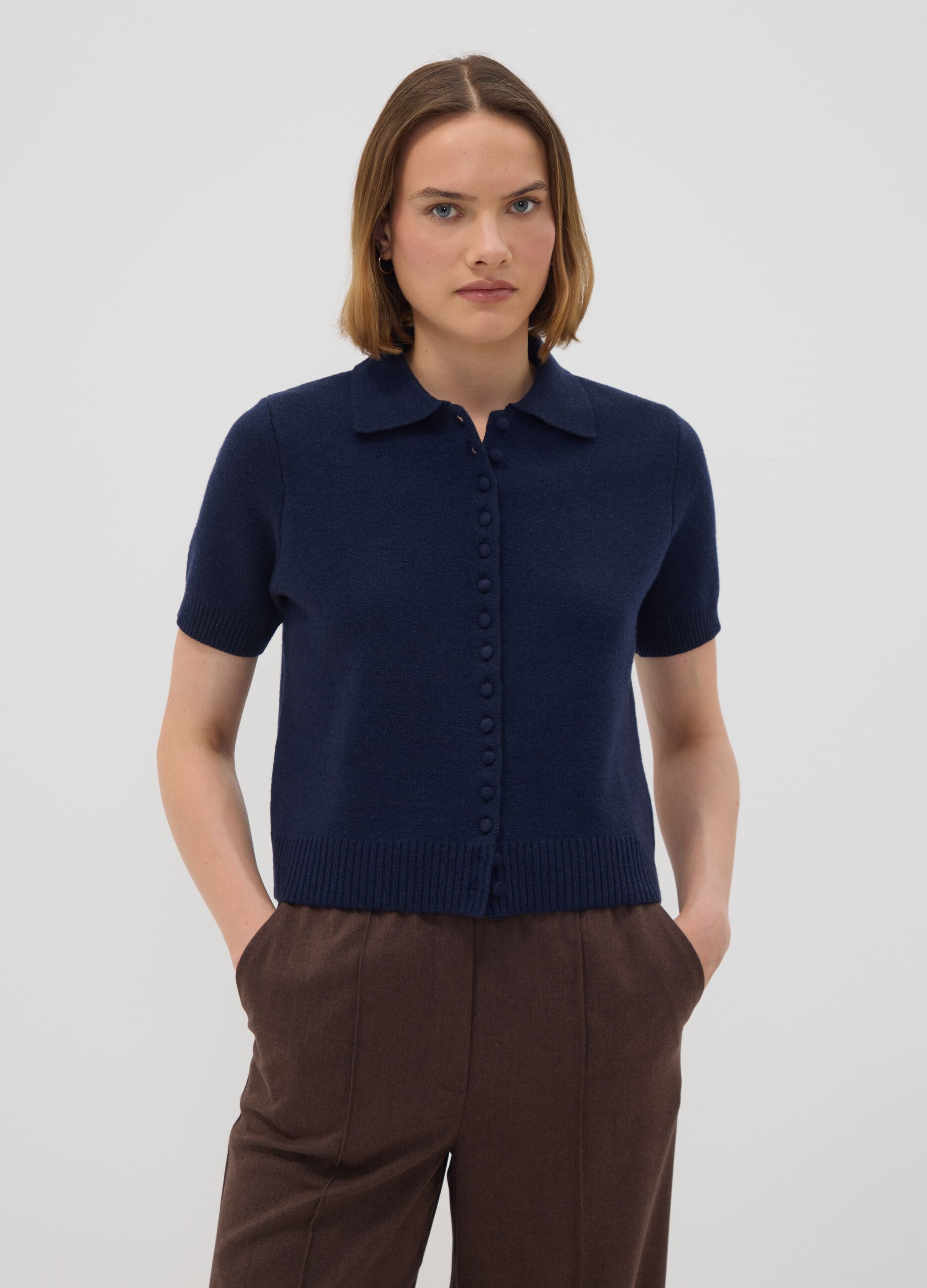 Cardigan blu in misto lana con colletto polo regular fit