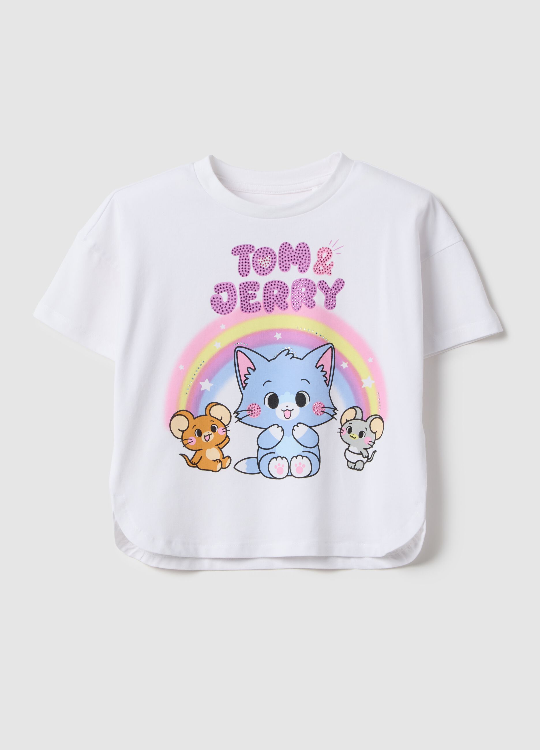 T-shirt branca de algod&atilde;o el&aacute;stico para meninas com estampado