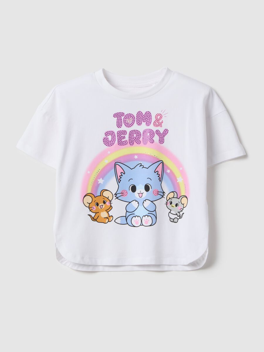 White stretch cotton T-shirt for girls with print_0