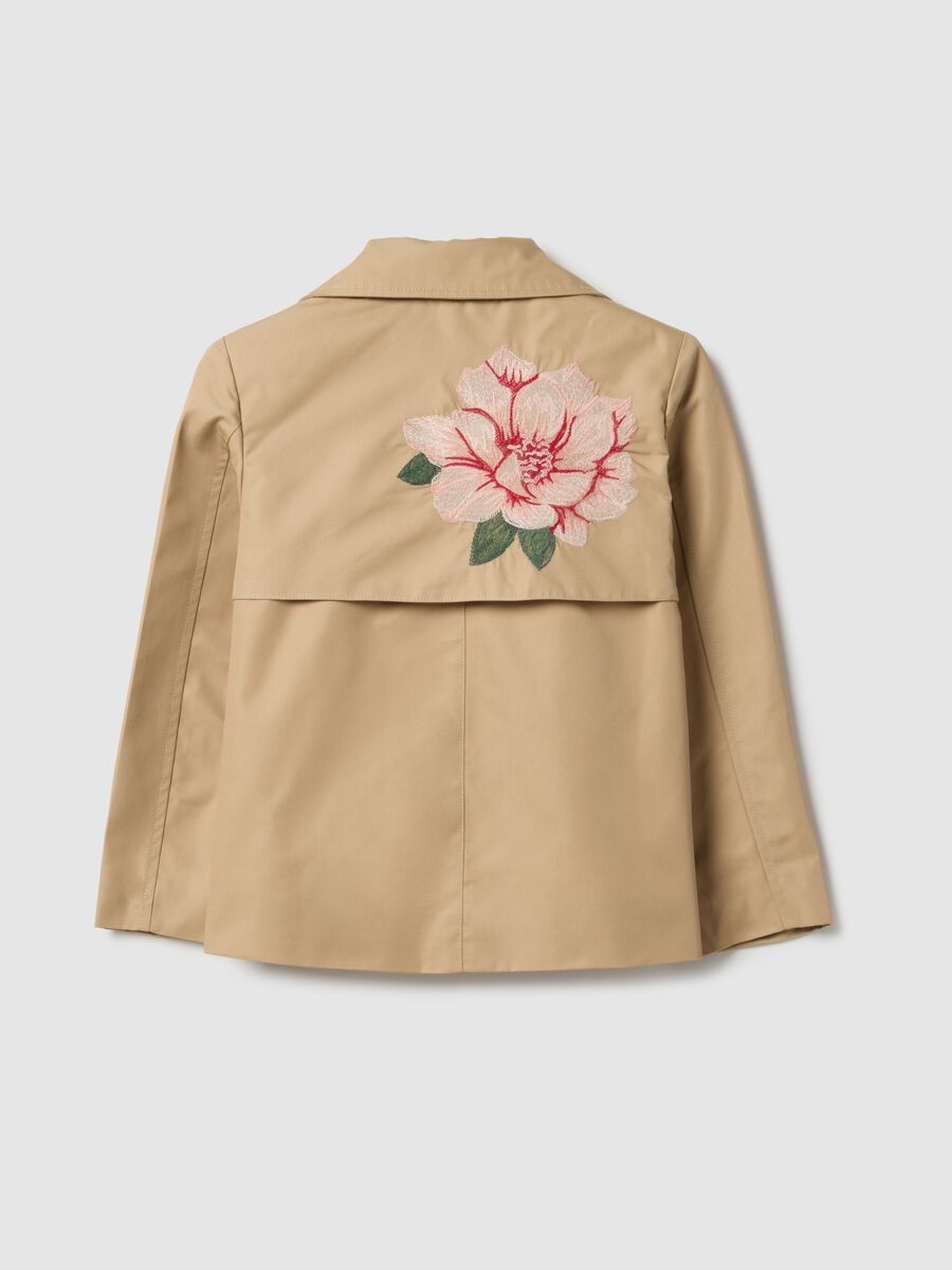 Double-breasted beige cotton blend girl's trench coat with embroidery_4
