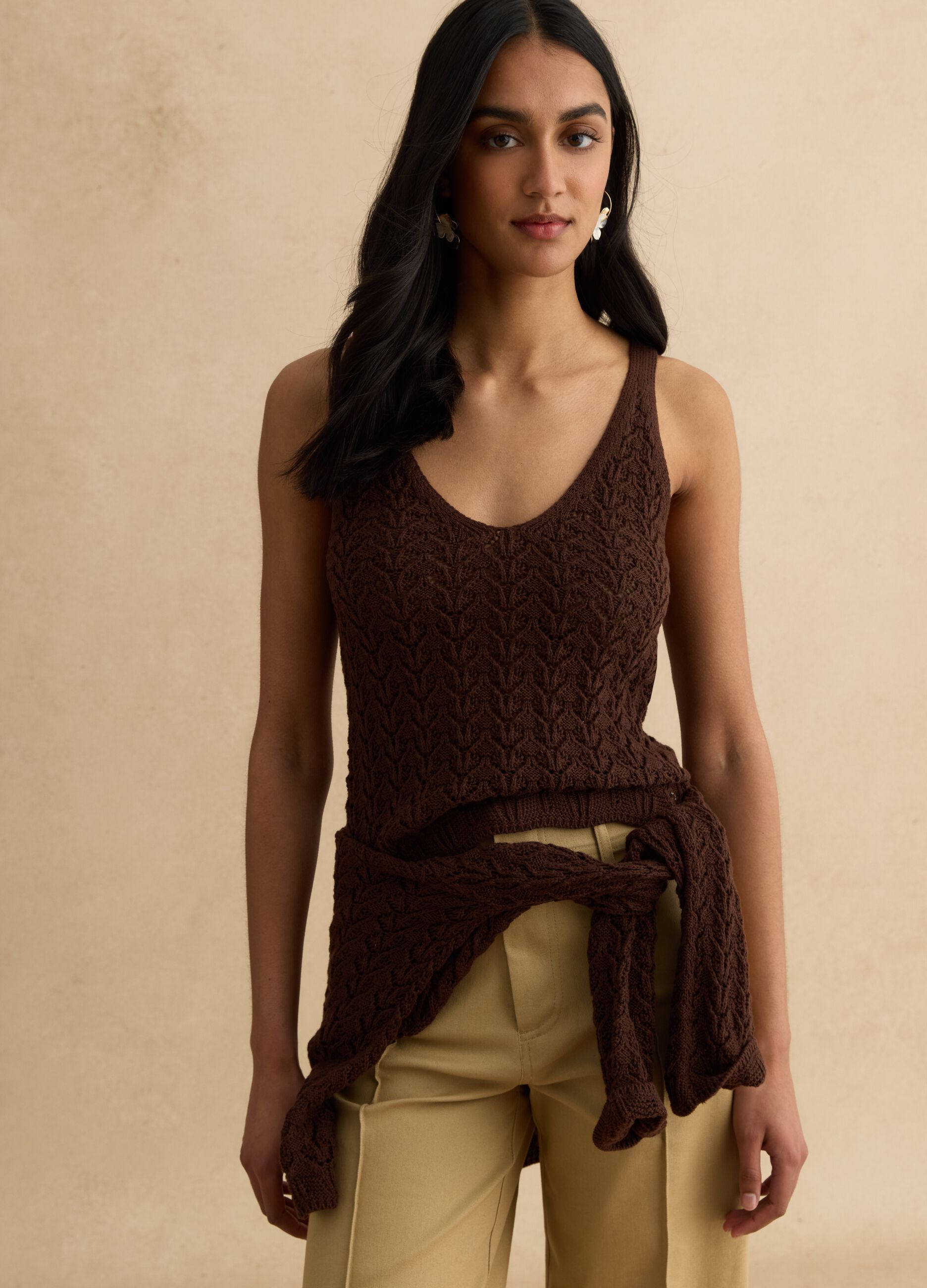 Brown pure cotton vest with perforated texture