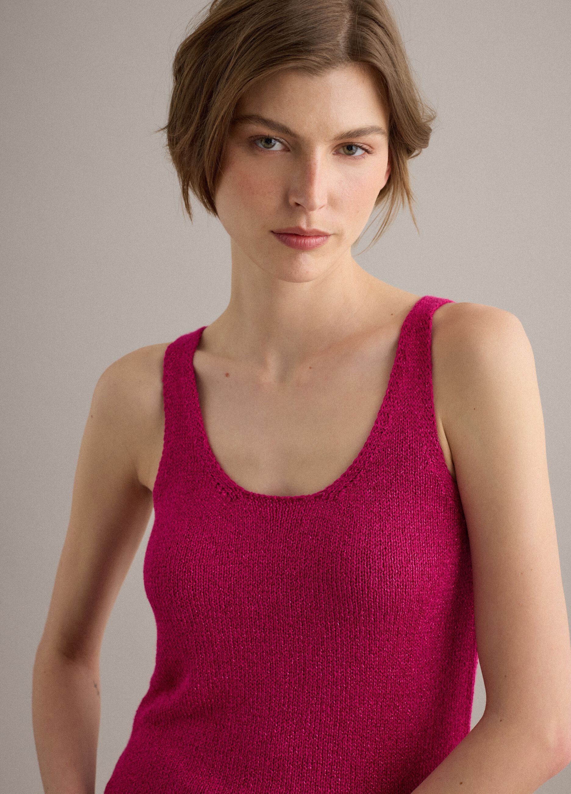 Pink viscose-blend regular-fit glitter tank top