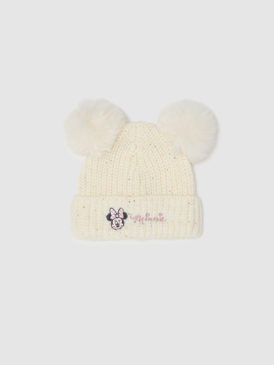White wool blend girl's hat with pompom_0