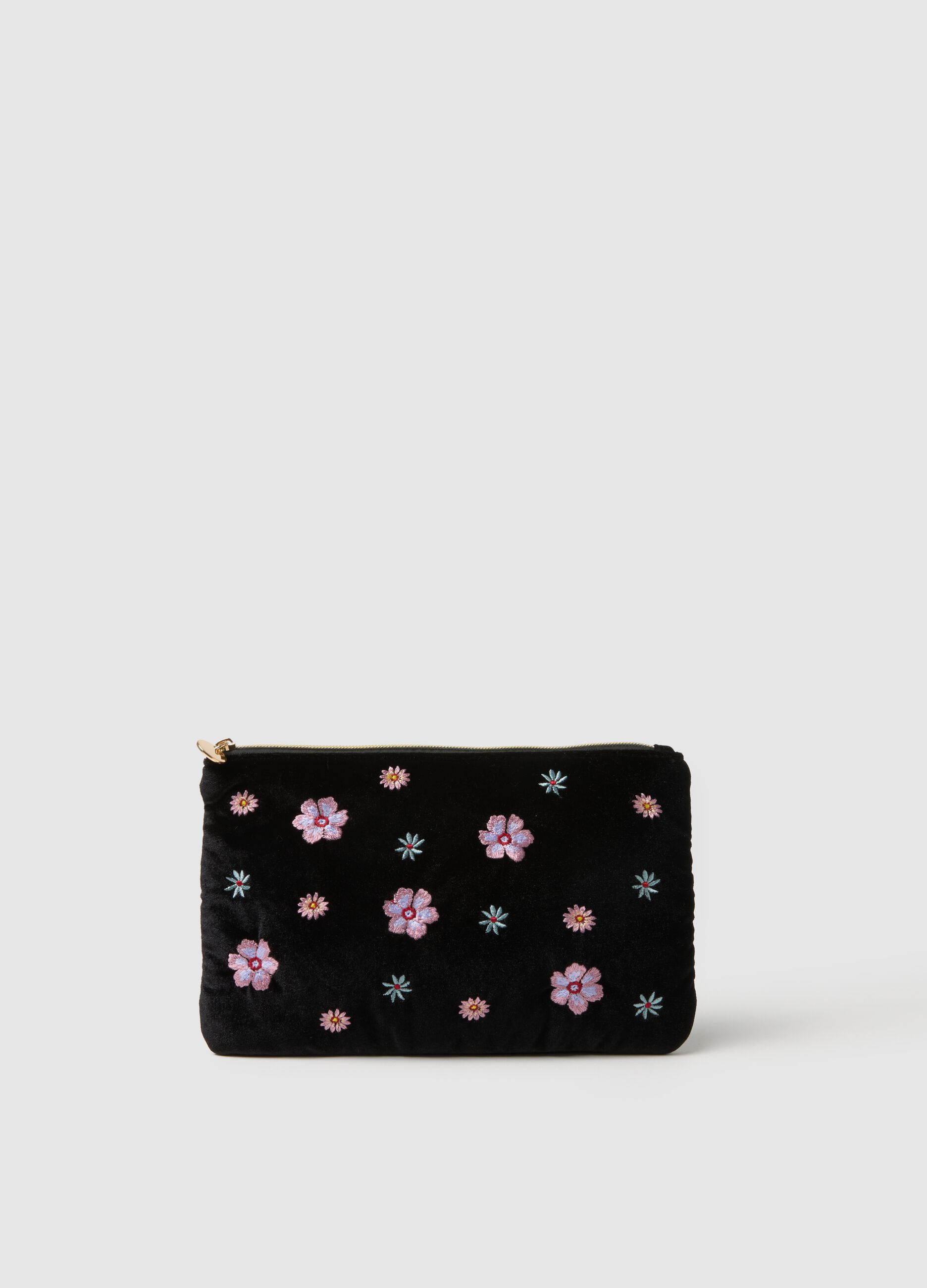 Black shoulder bag with floral embroidery and zip