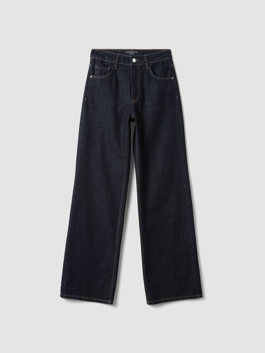 High-waisted wide-leg blue denim jeans in pure cotton_4