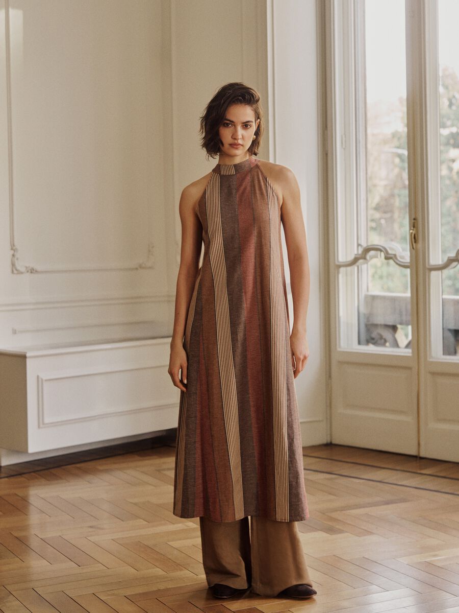 Multicoloured striped viscose and linen blend dress with relaxed fit_0