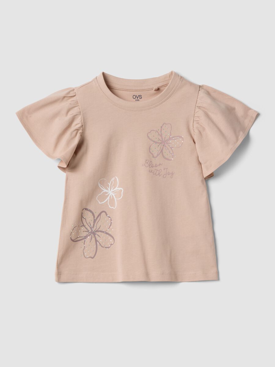 Girls&rsquo; beige pure cotton T-shirt with ruffles and rhinestones_0