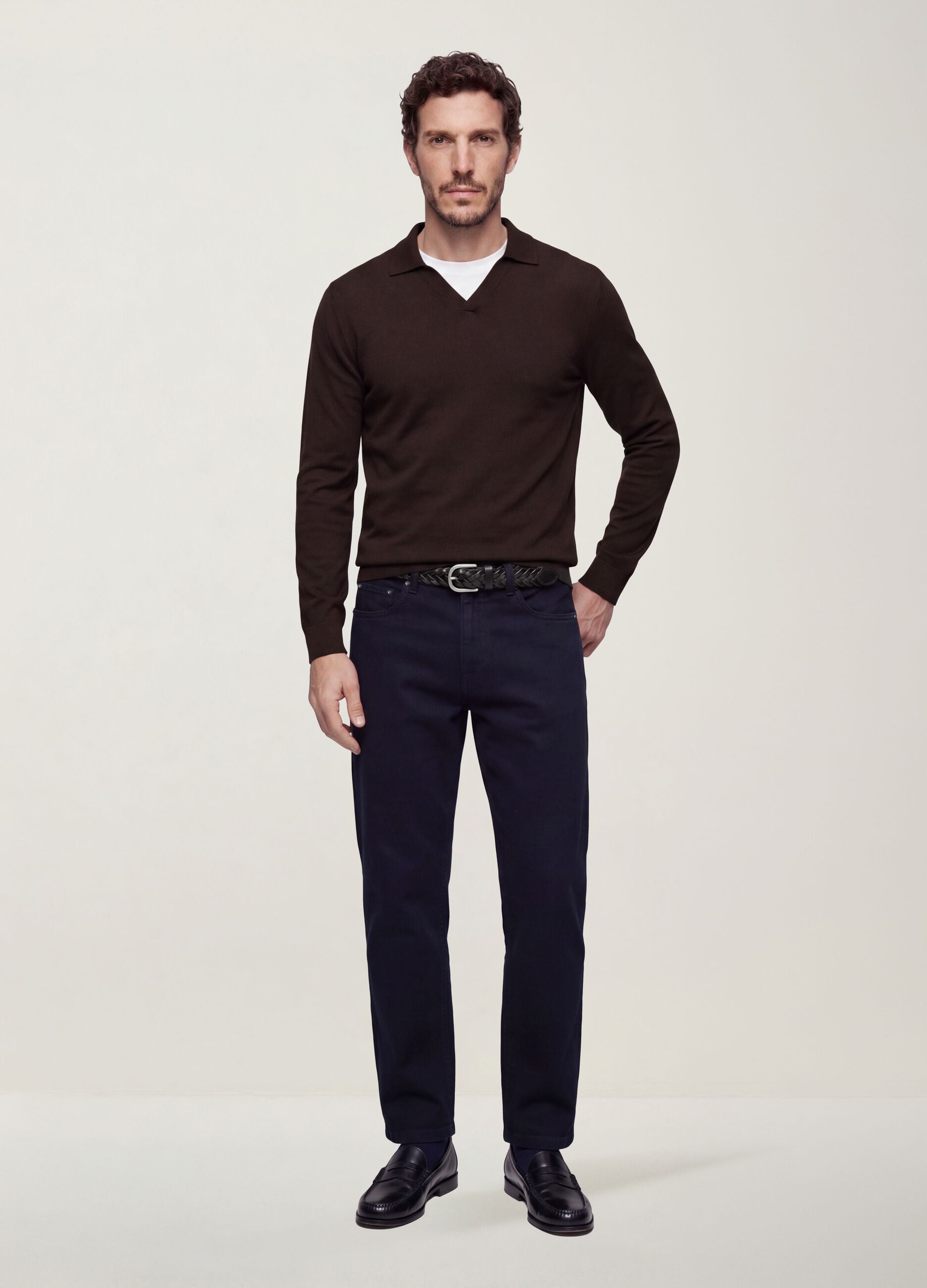 Brown viscose-blend polo with V-neck, regular fit