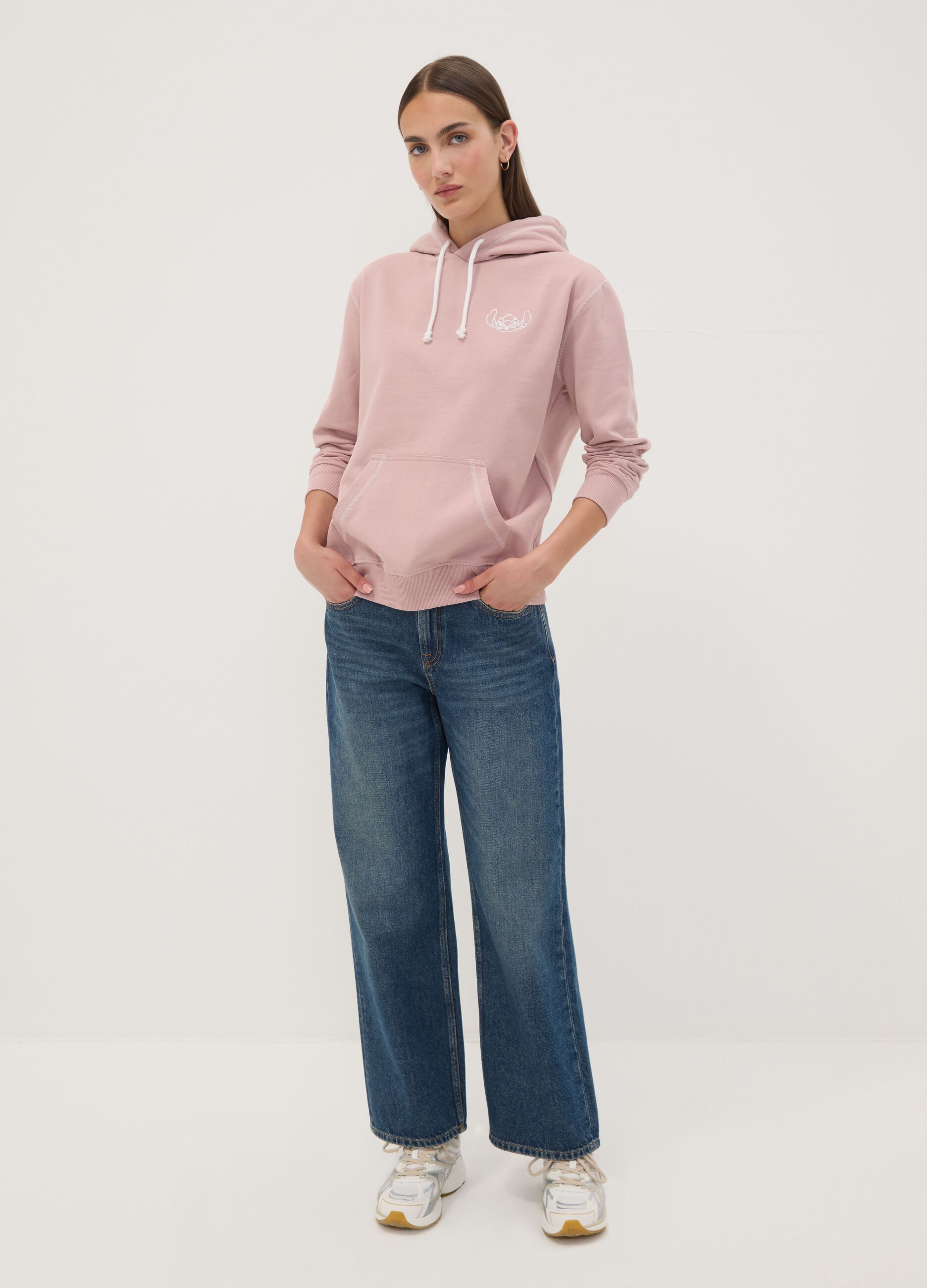 Sweatshirt rosa com capuz em algod&atilde;o puro com estampado Lilo & Stitch