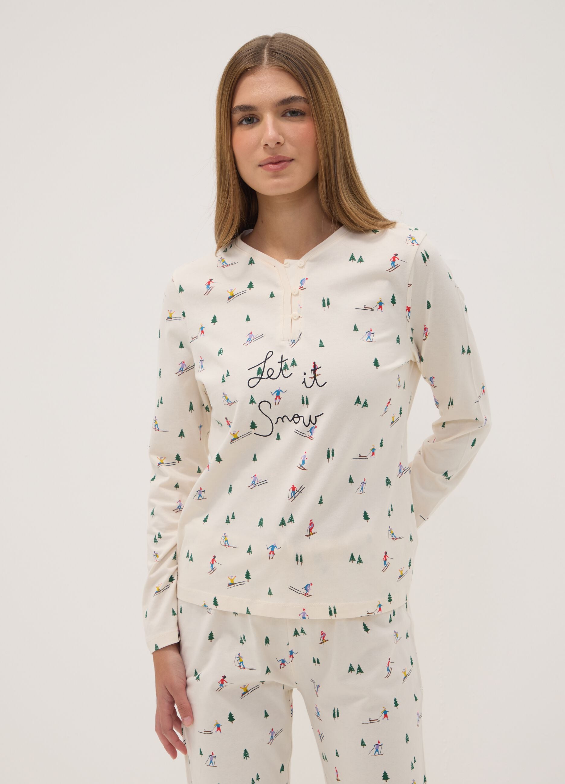 Pijama branco em jersey de algod&atilde;o puro, corte regular