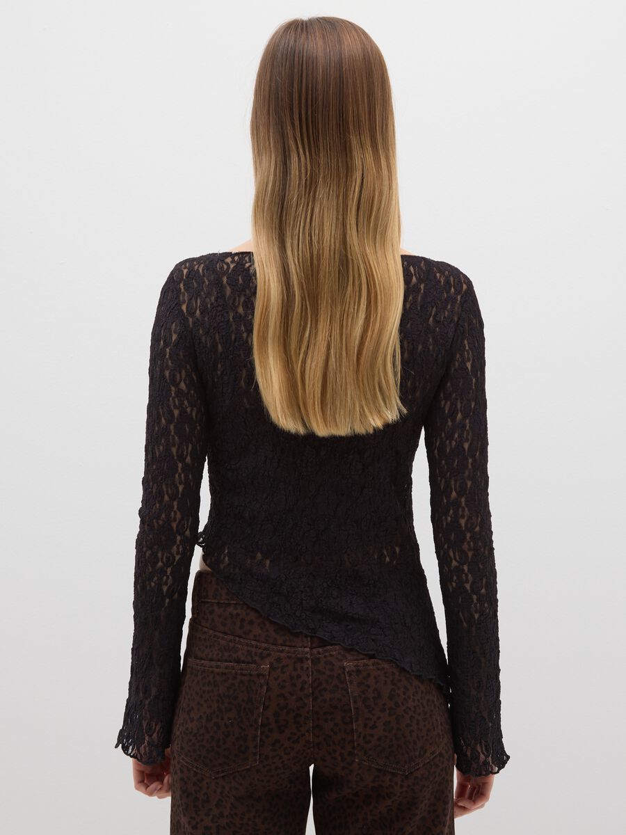 Black regular fit lace long sleeve top with boat neckline_2
