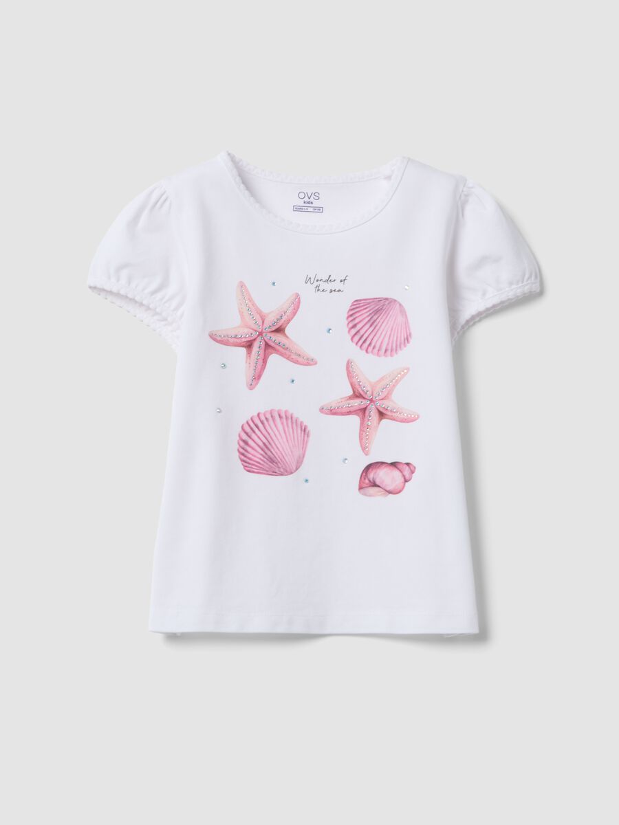 White stretch cotton T-shirt with seaside print_0