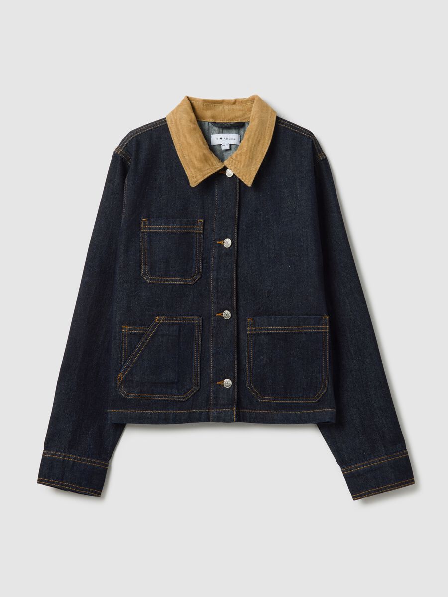 Regular Fit-Jacke aus blauem Baumwollstoff mit kontrastierendem Kragen und Taschen_4