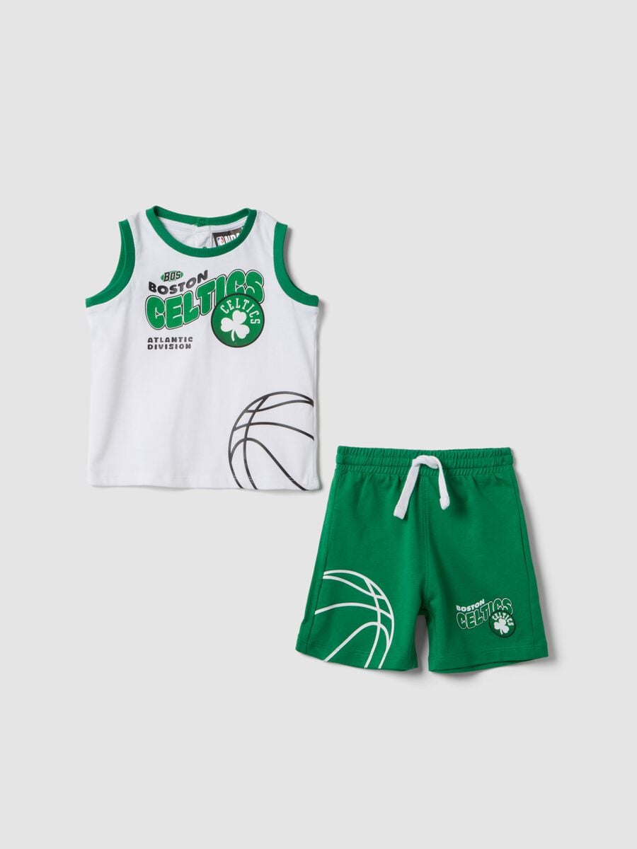 Completo bianco e verde in puro cotone con top e shorts per bimbo regular fit_0