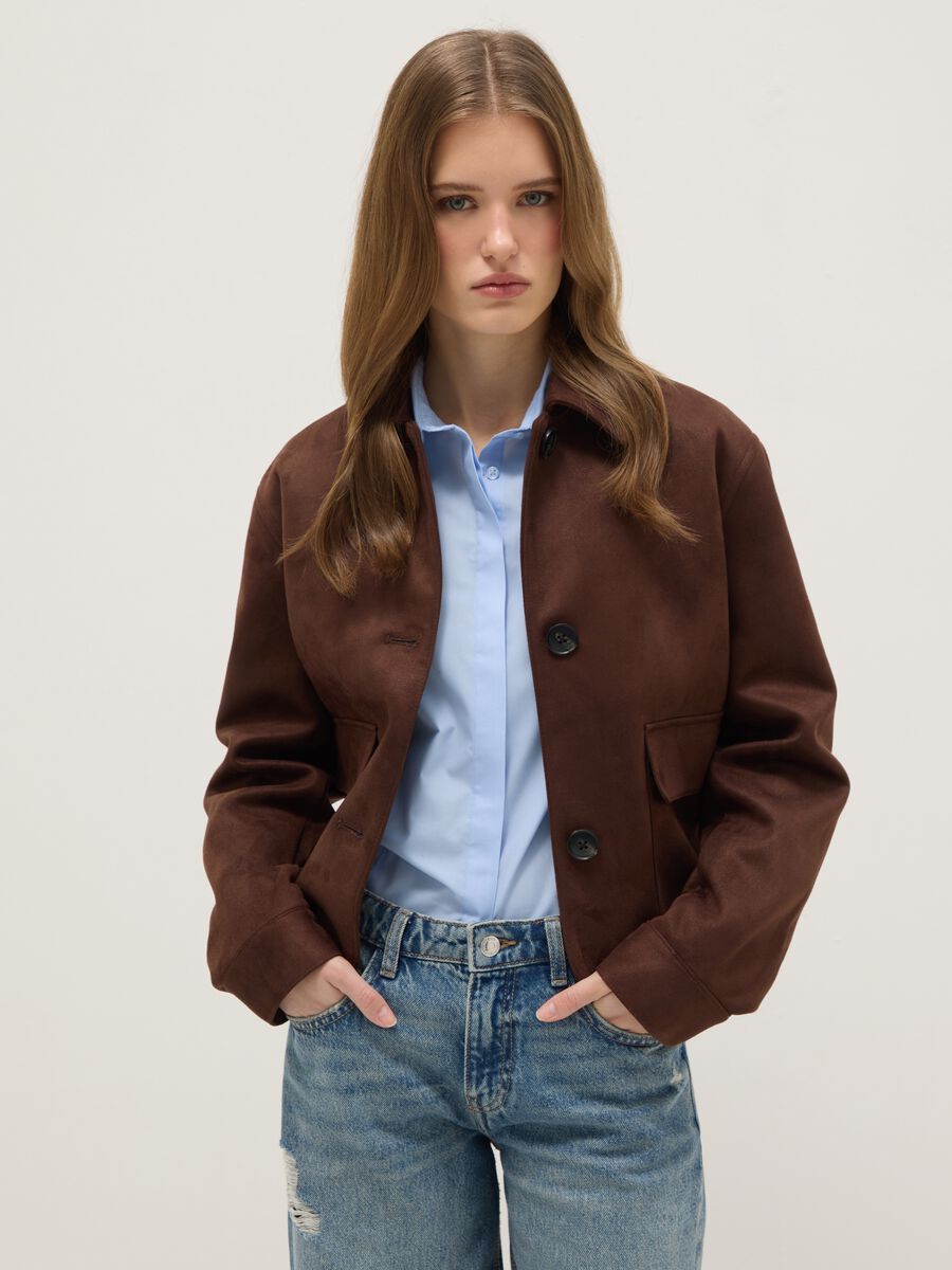 Brown regular fit jacket with buttons and pockets_0