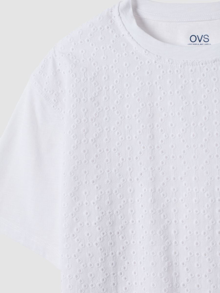 White short-sleeved pure cotton T-shirt with broderie anglaise embroidery_5
