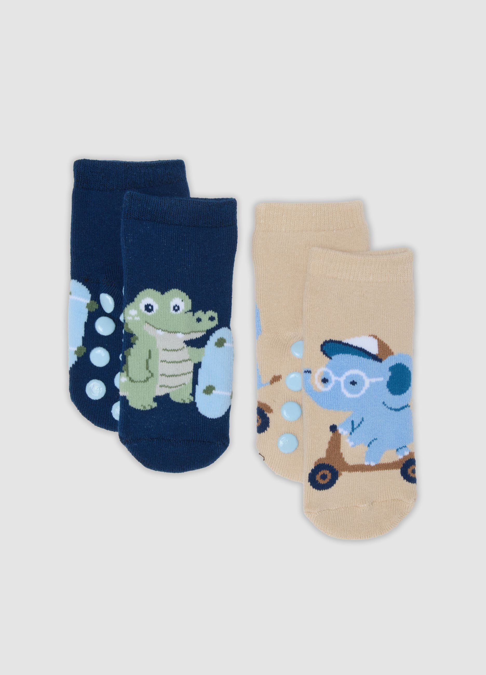 2-pack of blue and beige organic cotton anti-slip socks for baby boy