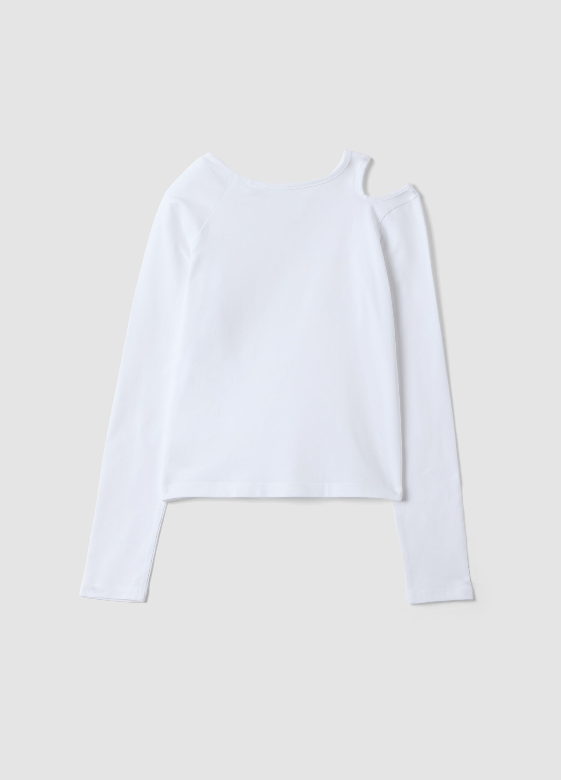 White organic stretch cotton T-shirt with shoulder cut-out for girls