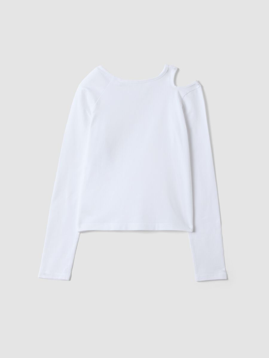 White organic stretch cotton T-shirt with shoulder cut-out for girls_2