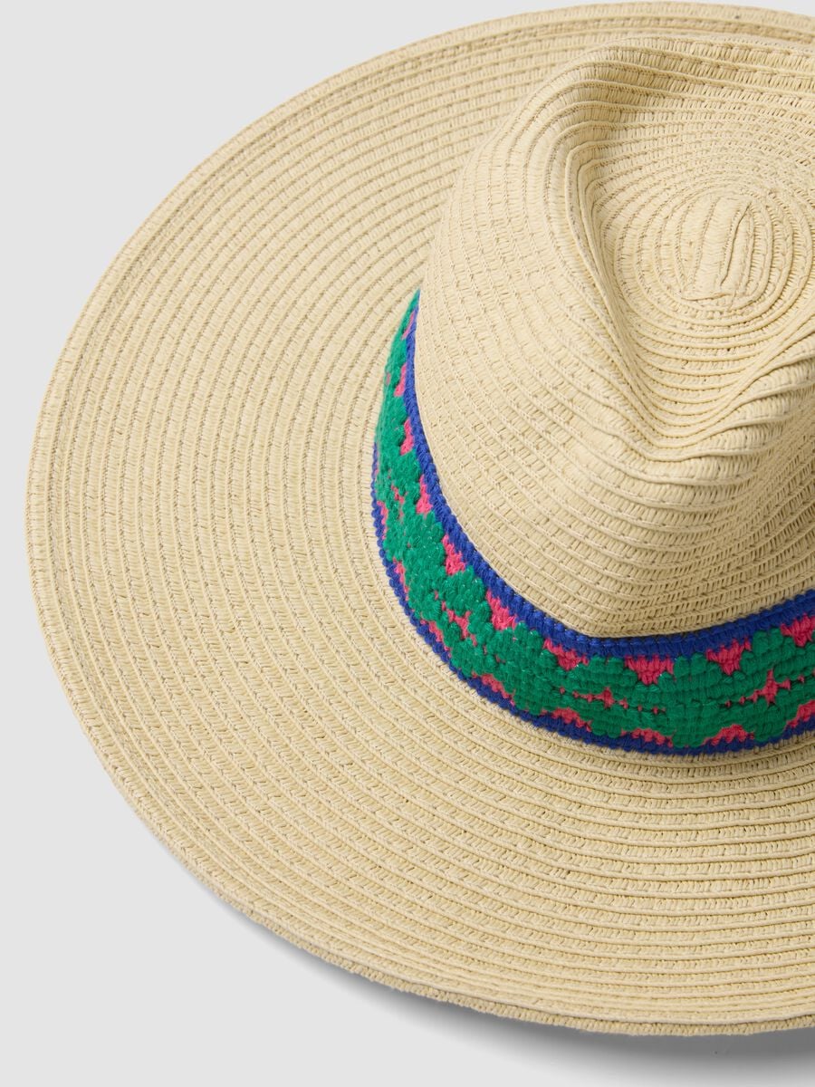 Beige Panama hat in pure paper fabric with multicolour band_2