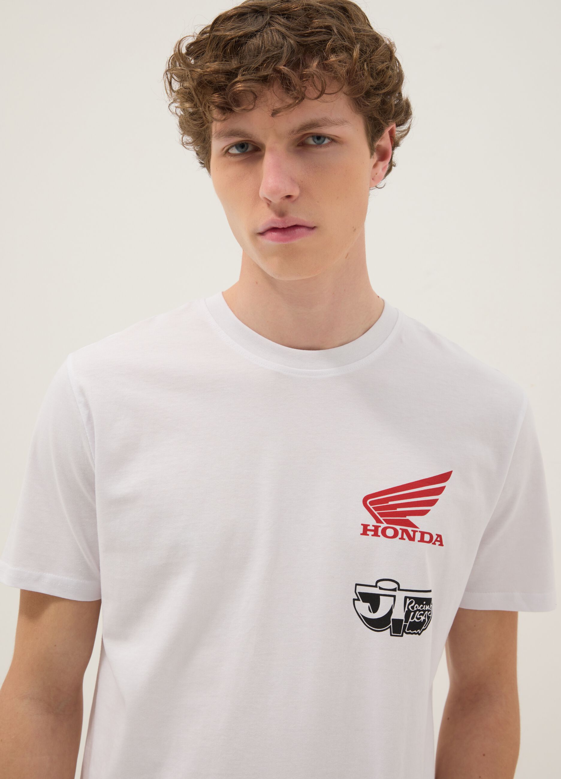 White pure cotton regular fit T-shirt with Honda print