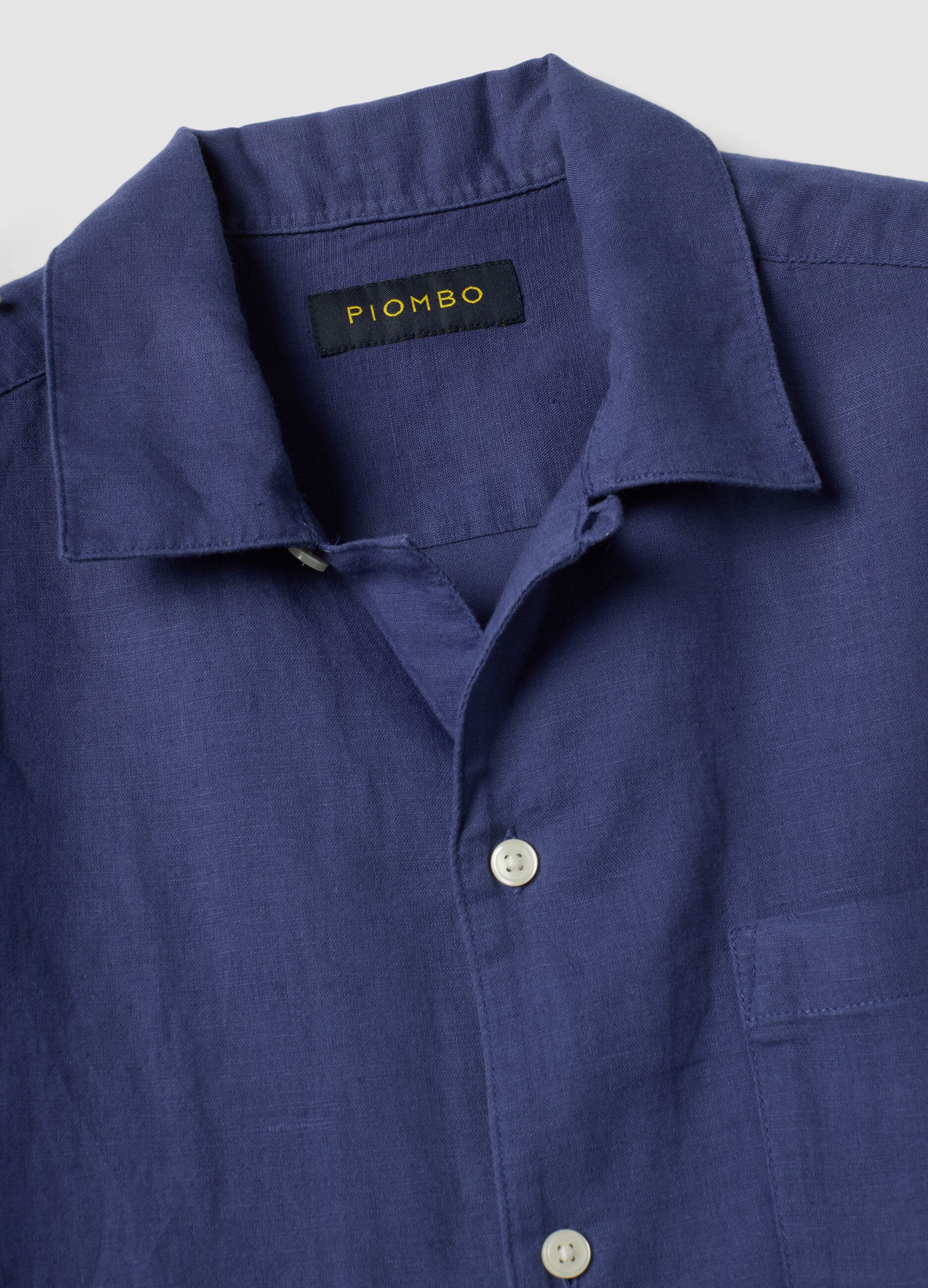 Blue linen-cotton blend shirt with bowling collar