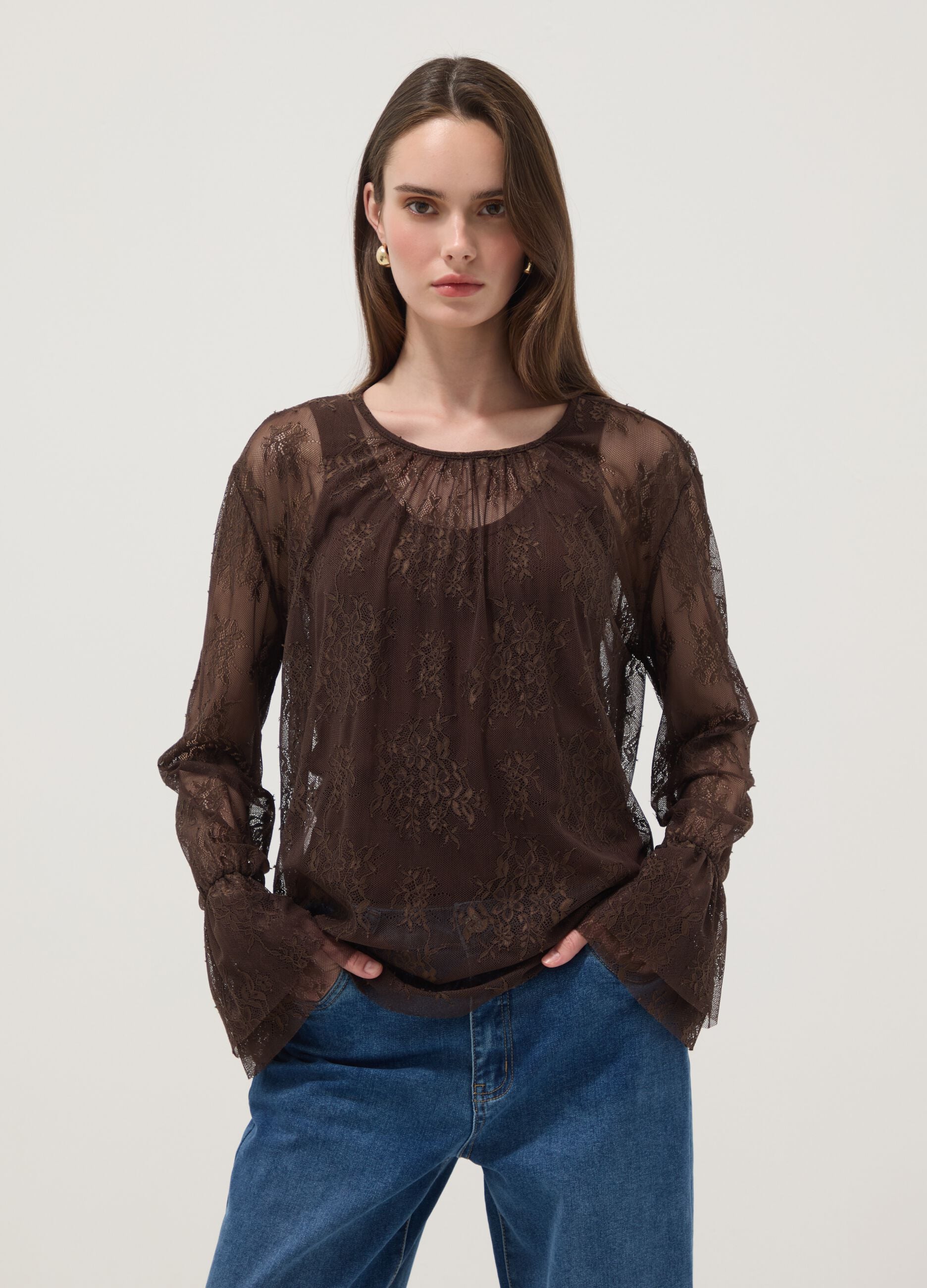 Brown stretch lace blouse with regular fit