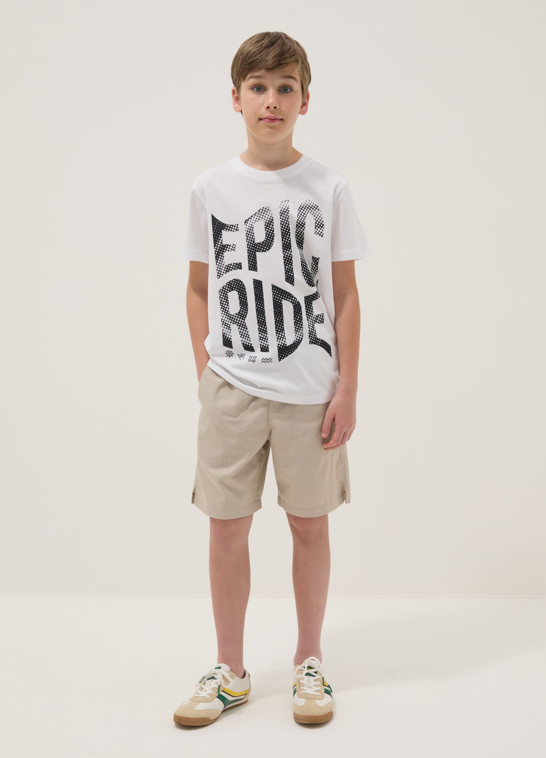 Beige pure cotton shorts with elasticated waist