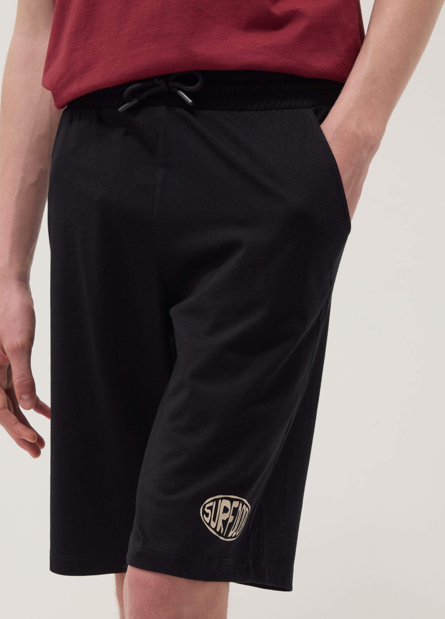 Black organic cotton Bermuda shorts with elasticated waist