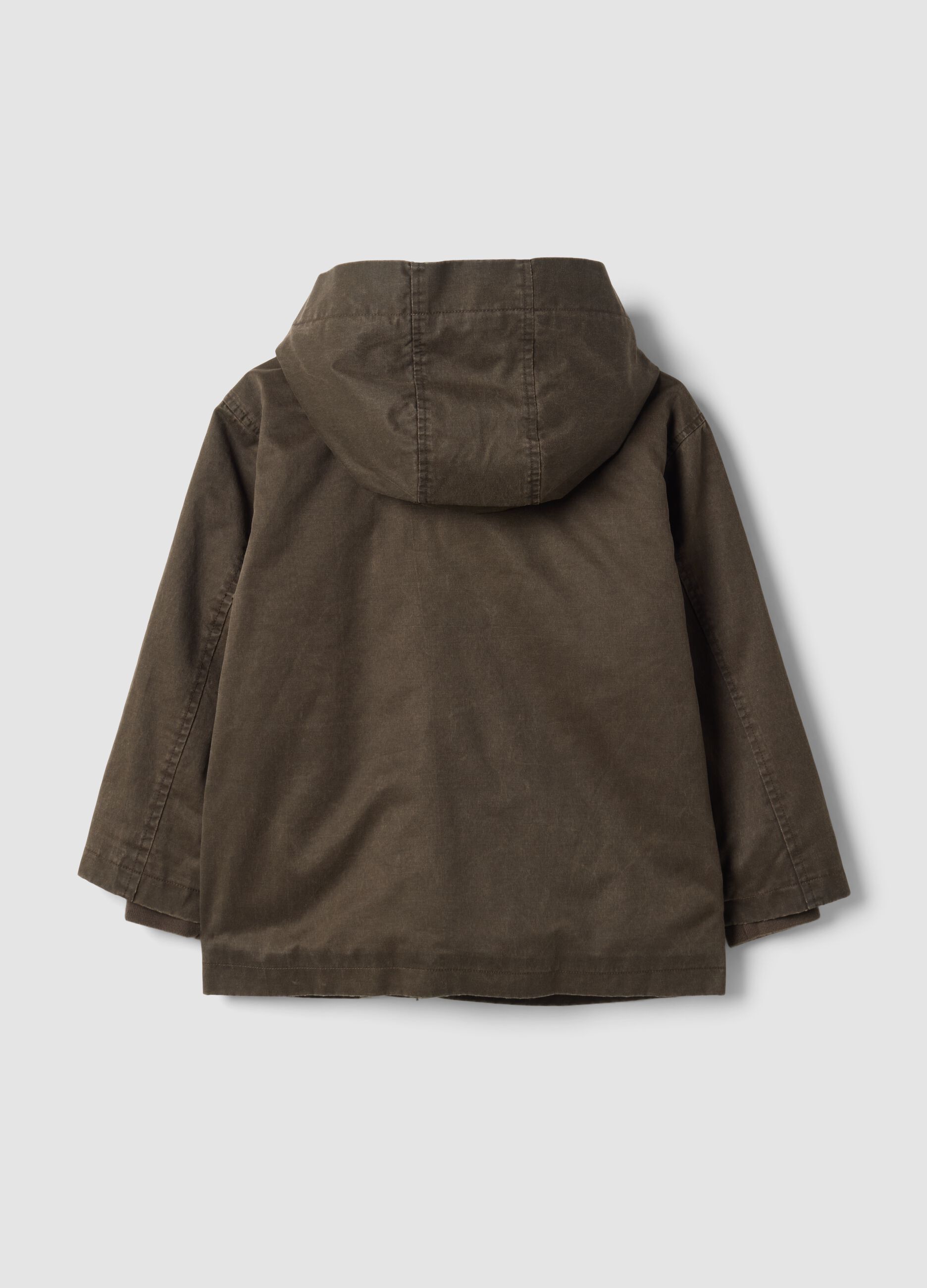 Green water-repellent padded cotton-blend jacket with hood