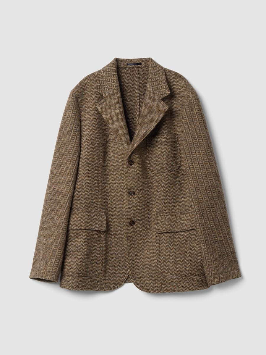 Blazer cammello in misto lana a spina di pesce_0