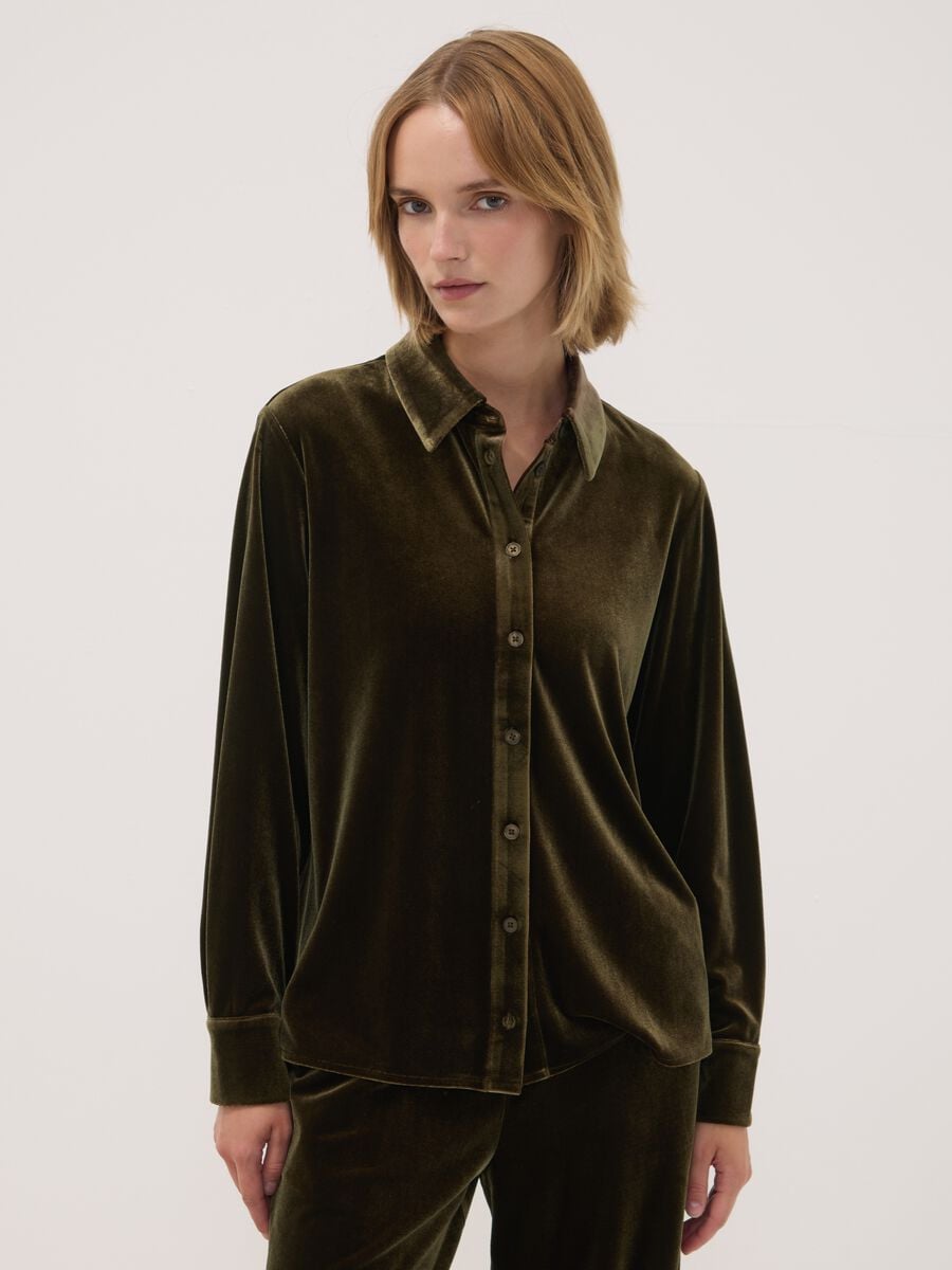 Camicia verde in tessuto velour elasticizzato regular fit_0