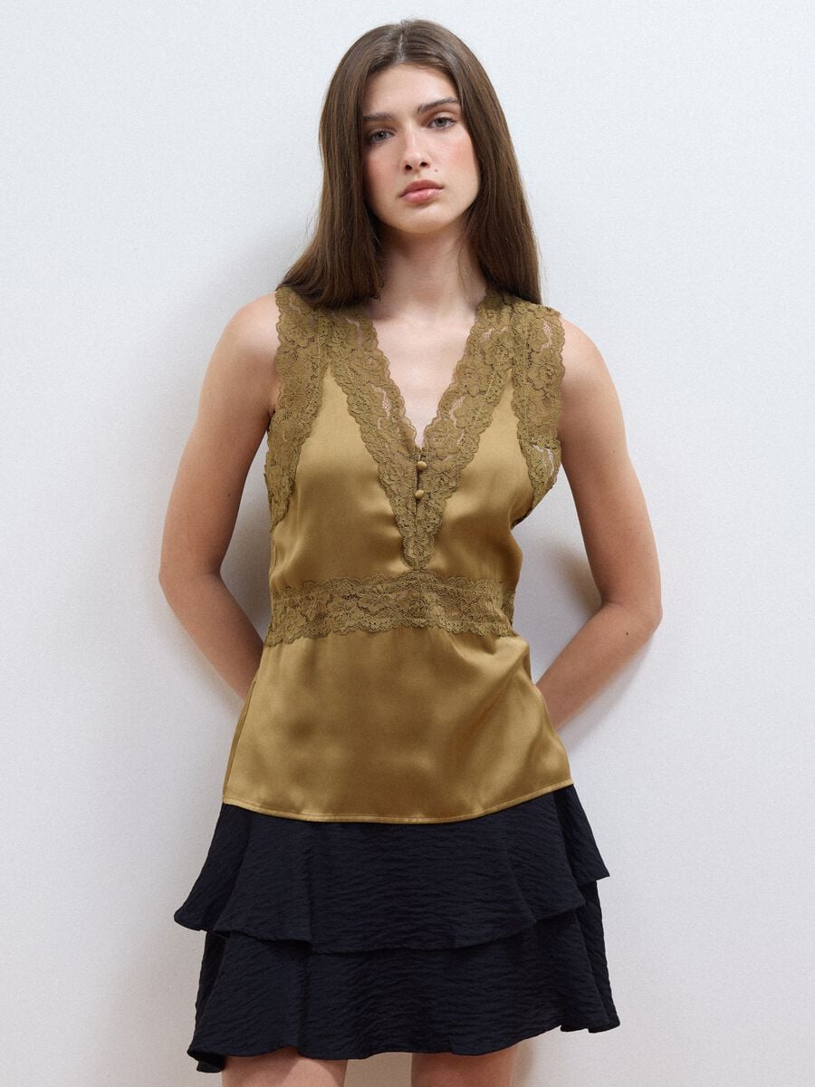 Brown viscose-blend lace top_1