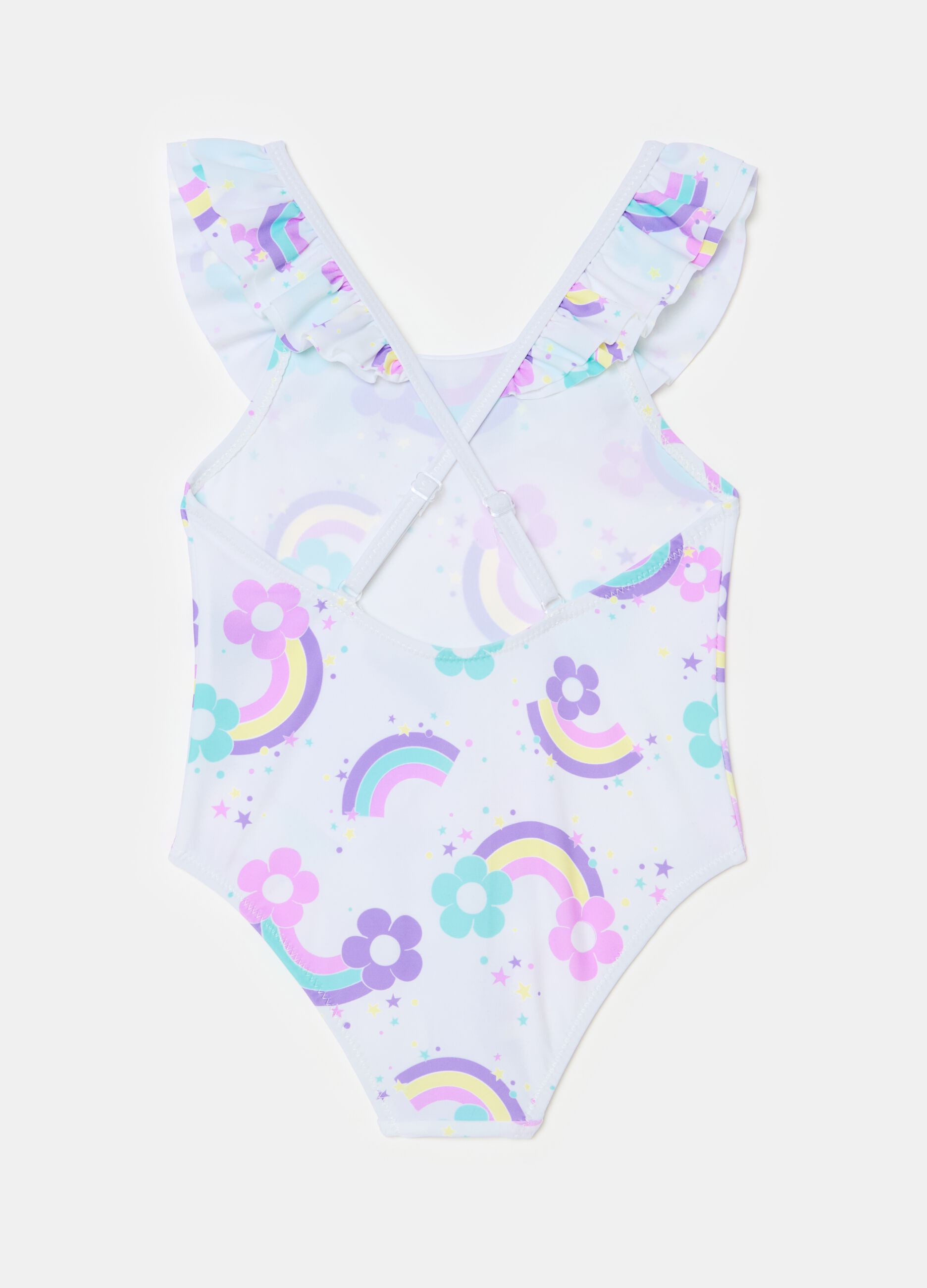 One-piece swimsuit with rainbows print