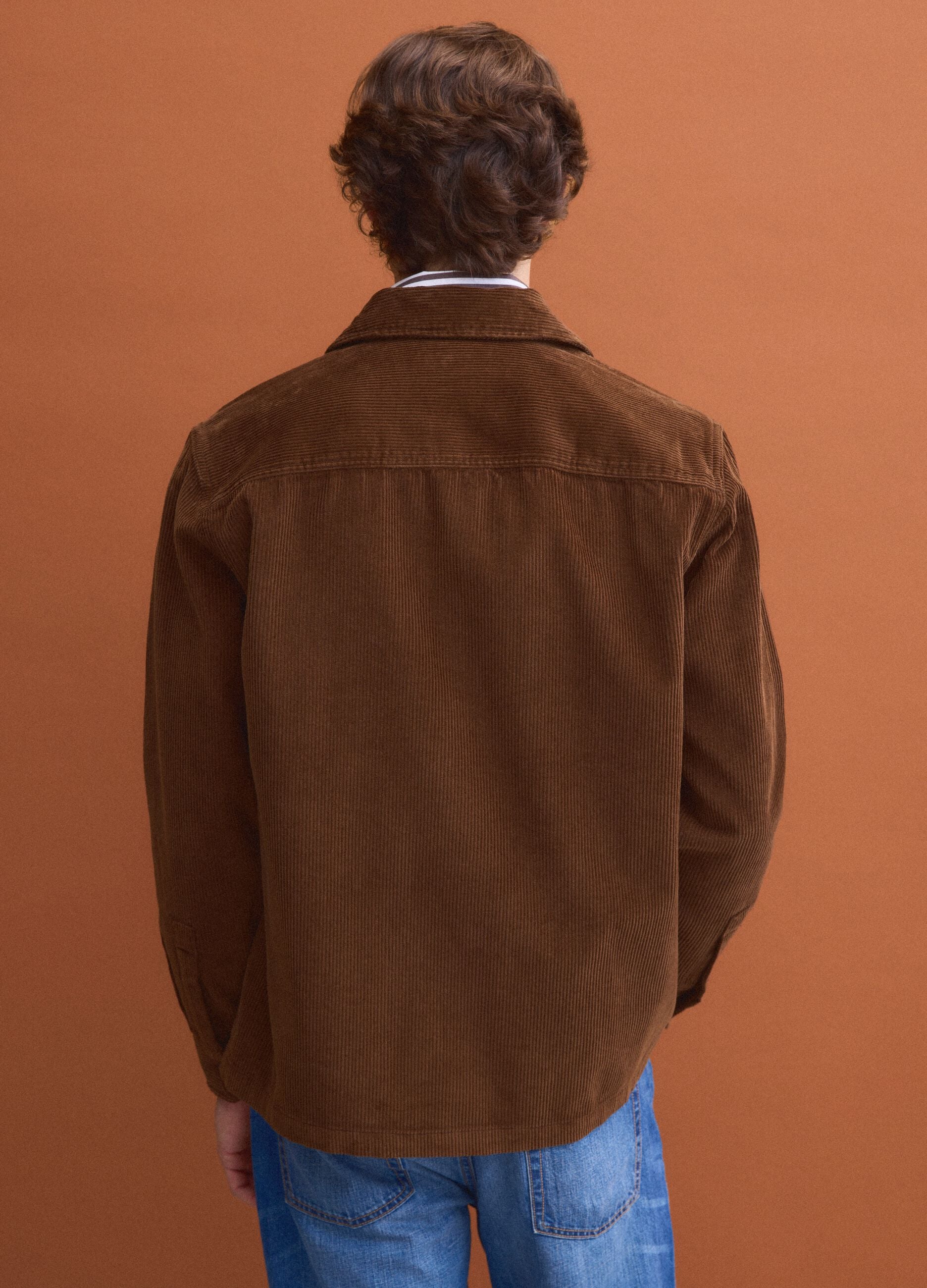 Brown ribbed pure cotton shacket with buttons