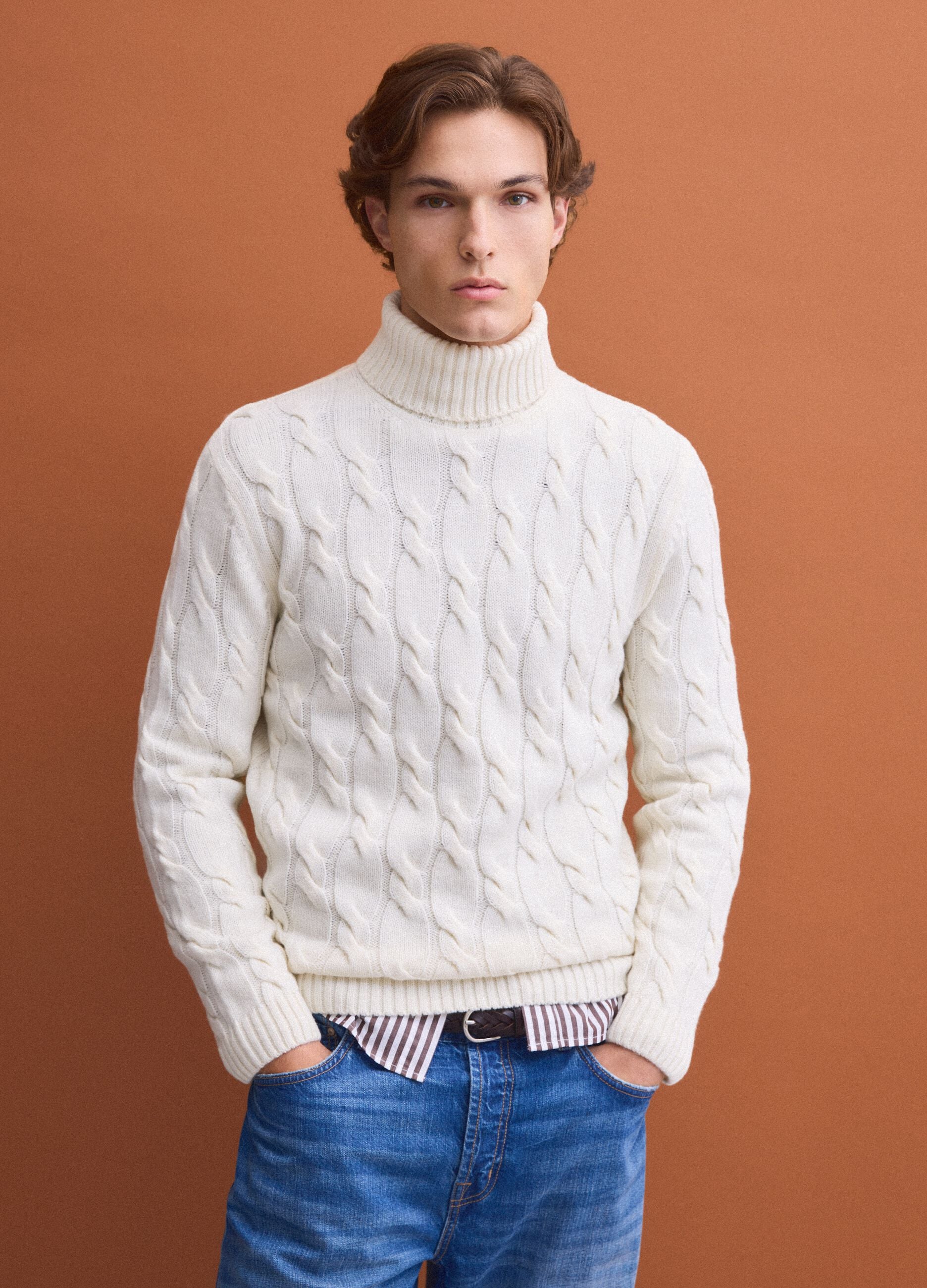 White wool-blend cable-knit turtleneck jumper, regular fit