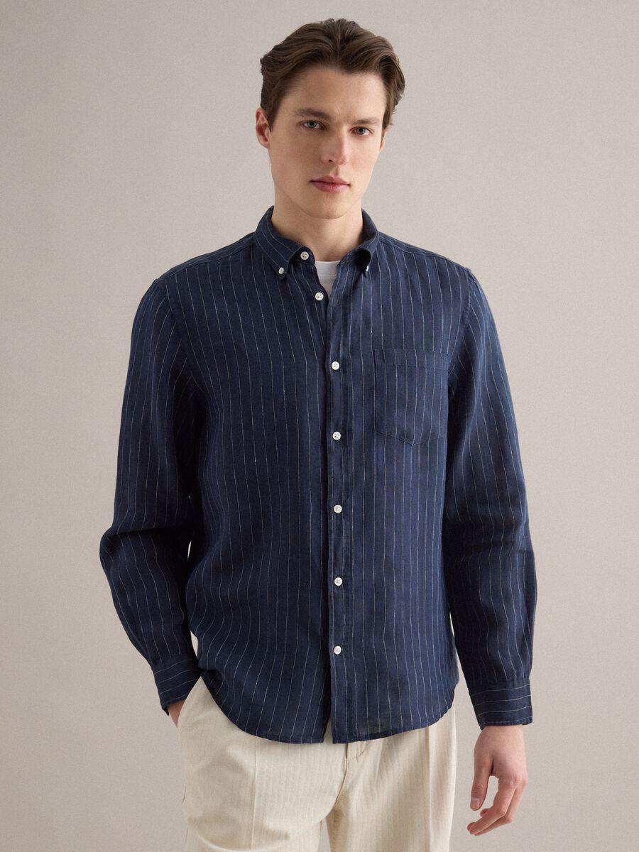 Blue stripe regular fit pure linen shirt_1