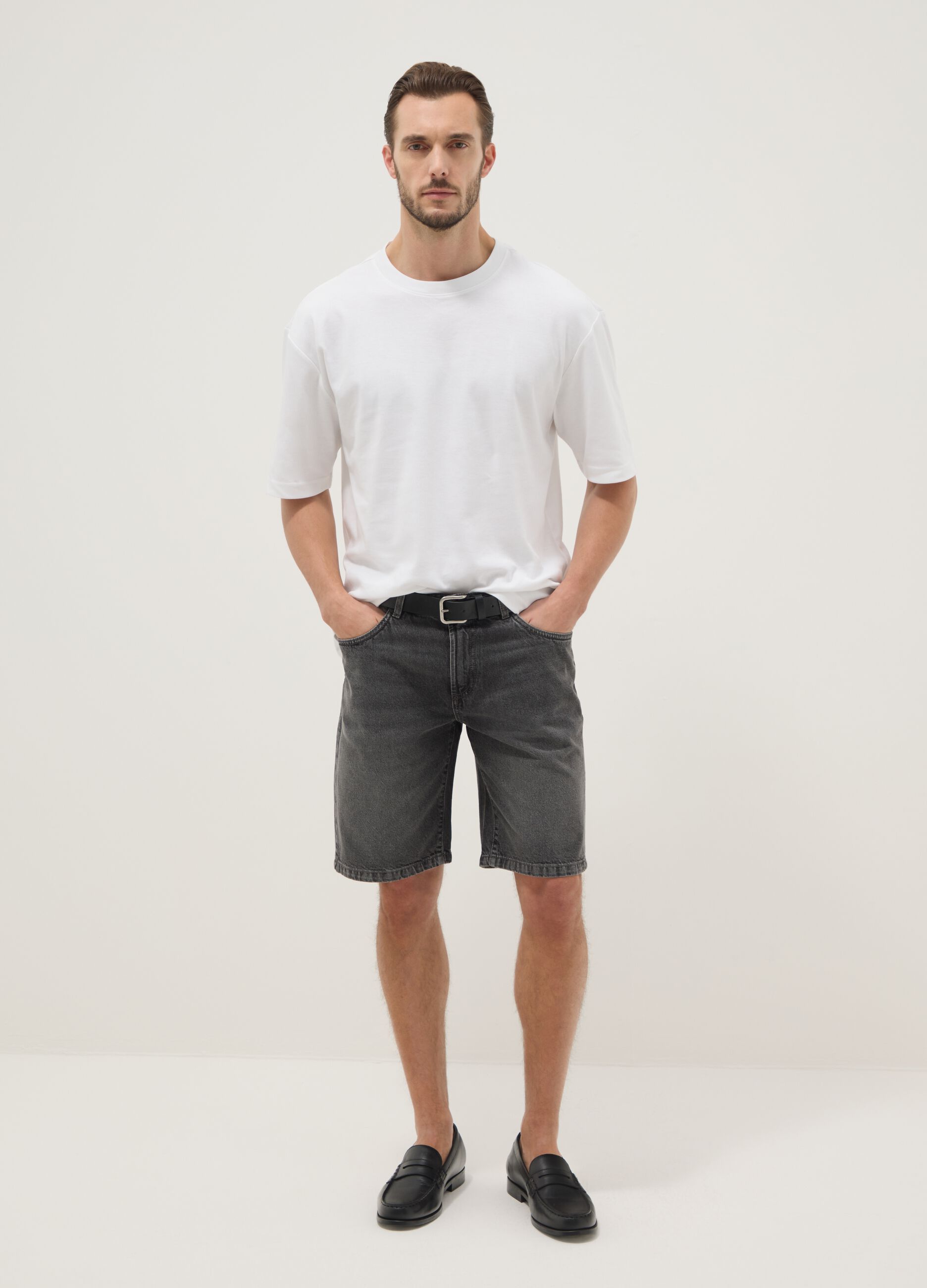 Grey denim Bermuda shorts in pure cotton, regular fit